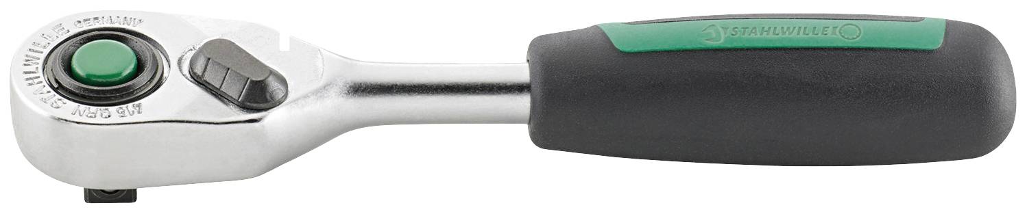 Ráčna s rukojetí v zeleno-černé barvě a stříbrnou hlavou, vhodná pro utahování nebo povolování šroubových spojů.