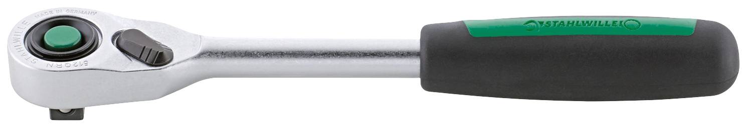 Klíč s černou rukojetí a zeleným akcentem, používaný k utahování nebo povolování šroubů a matic.