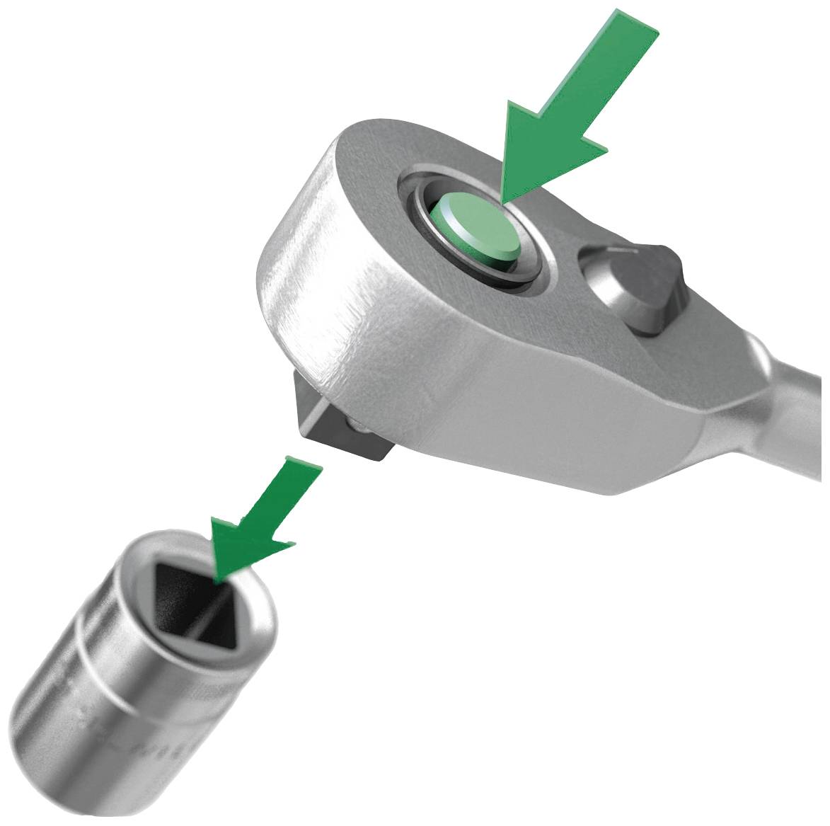 Ráčna se zeleným tlačítkem pro uvolnění; šipky ukazují na tlačítko a nástavec.