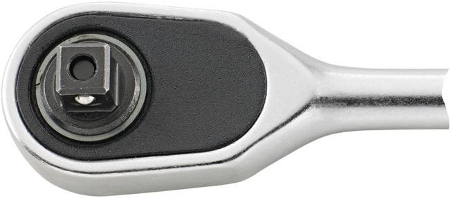 Kovový nástavec ráčny v detailním záběru, zobrazující čtvercový konec pro upevnění nástavců, na neutrálním pozadí.