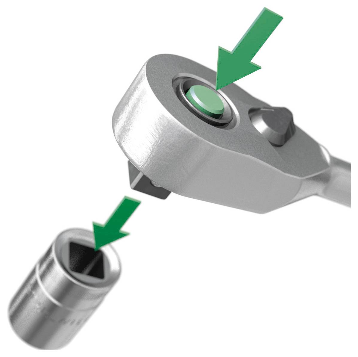 Zelené šipky poukazují na tlačítko rychlého uvolnění na rukojeti vřetena a na nasávač, což naznačuje, jak připojit nasávač.
