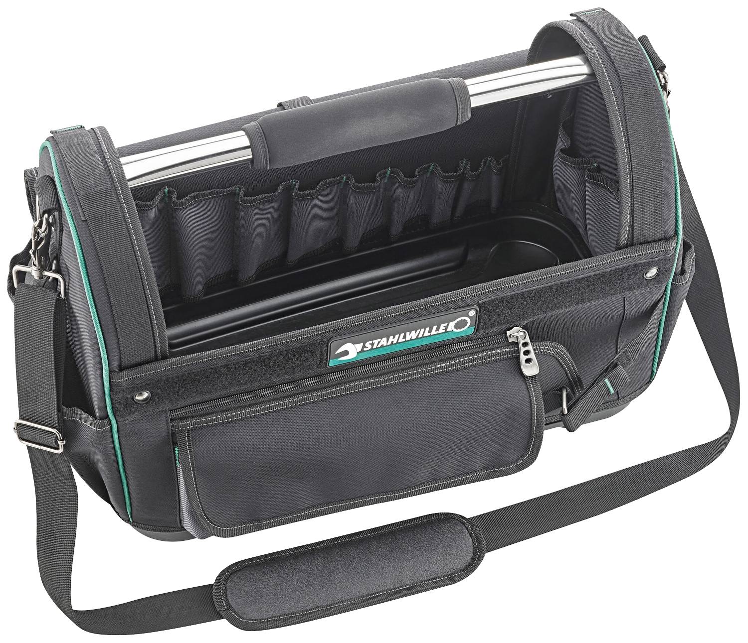 Černá brašna na nářadí značky 'Stahlwille' s několika kapsami a nosným popruhem. Vhodná pro organizované uchovávání nářadí.