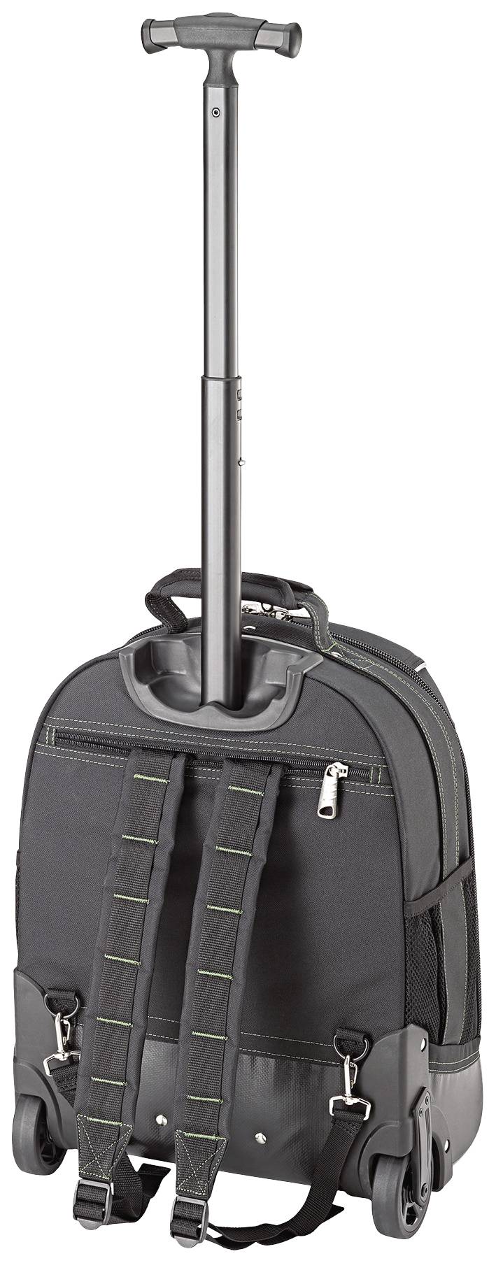 Černý batoh s výsuvnou rukojetí a kolečky. Má dva ramenní popruhy a několik zipových kapes.