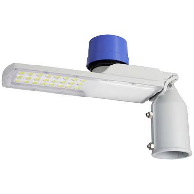 Moderní LED pouliční lampa s modrým senzorem nahoře a několika žlutými diodami, umístěná na bílém rameni venkovního osvětlení.