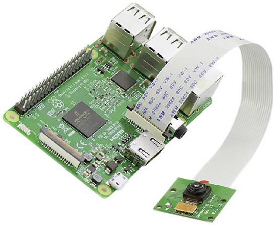 Raspberry Pi 3 s připojeným kamerovým modulem, vhodný pro menší počítačové projekty a zpracování obrazu.