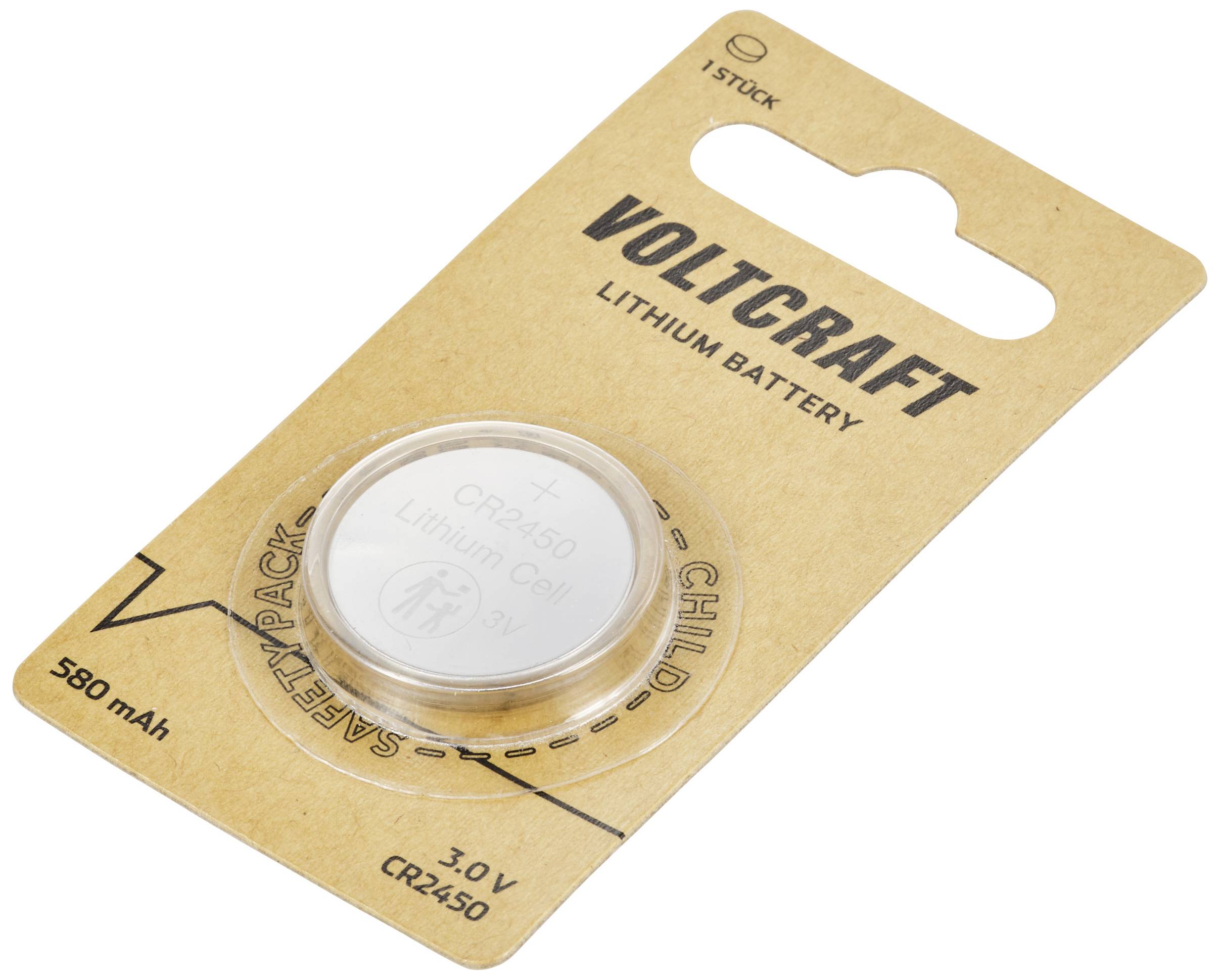 Voltcraft lithiová baterie 3,0 V CR2450, 580 mAh, 1 kus, dětsky bezpečný balíček v blistrovém kartonu.