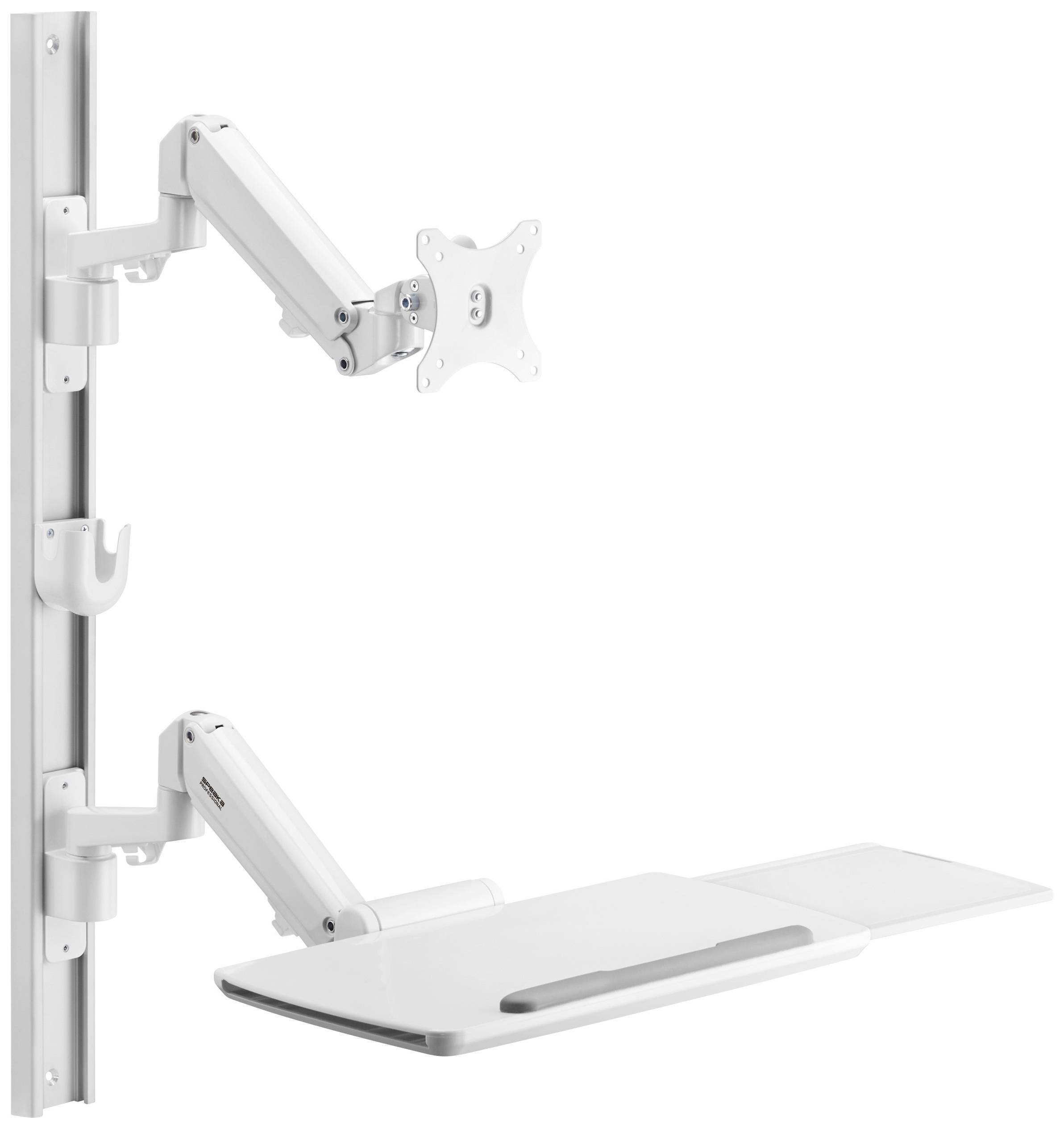 Bílé nástěnné rameno s nastavitelným držákem monitoru a výsuvnou podložkou klávesnice, vhodné pro ergonomická pracoviště.