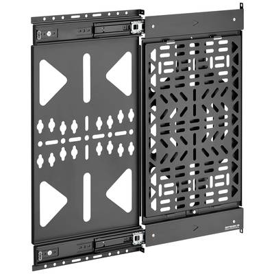 Kovový design dveřní mechaniky s výsuvným mechanismem, černé provedení, obdélníkový rám, perforovaná plocha pro větrání nebo správu kabeláže.