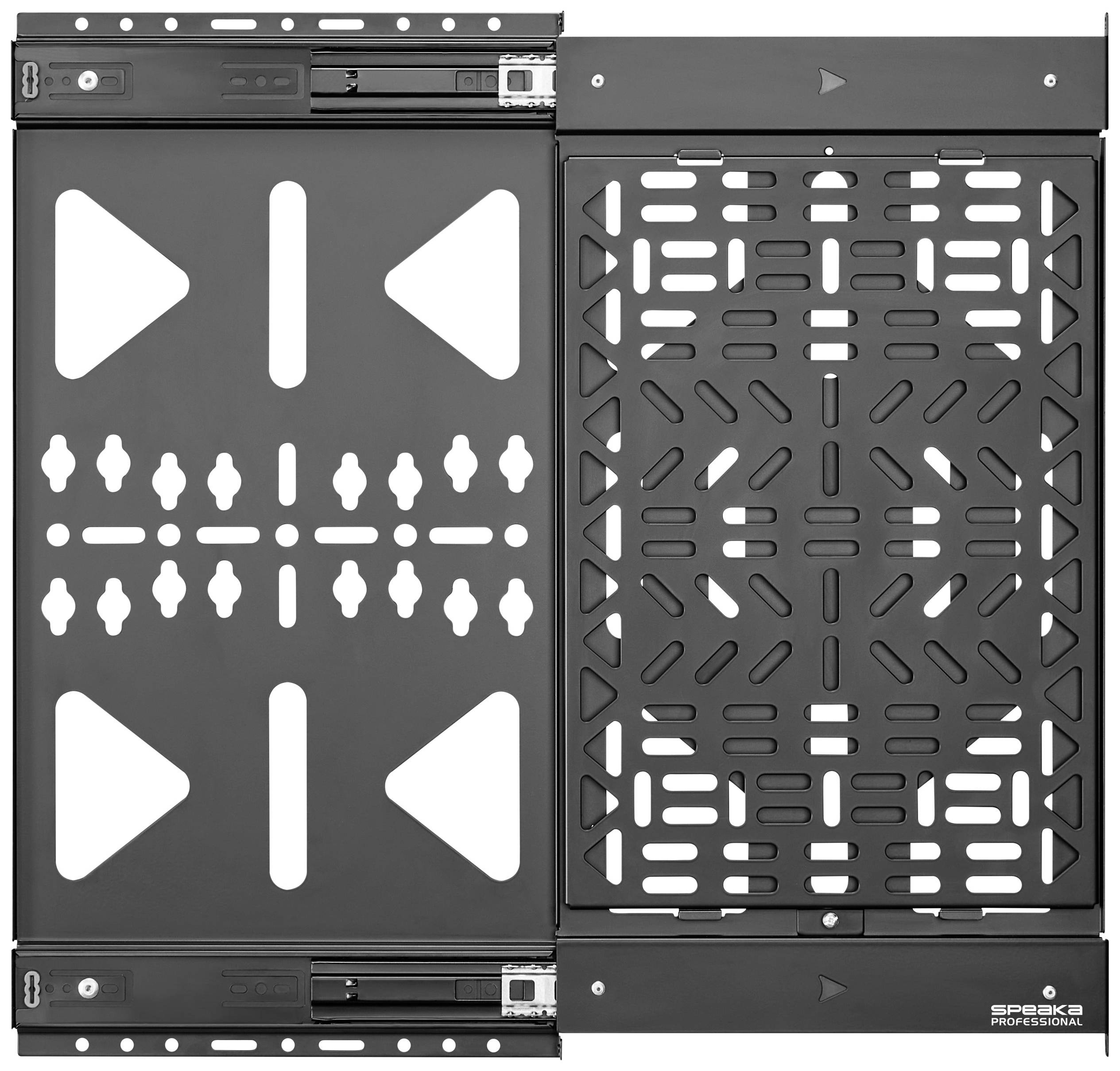 Kovové výsuvy zásuvek se symetrickým vzorem a bočními kolejnicemi, vhodné pro těžké zátěže v profesionálních prostředích.