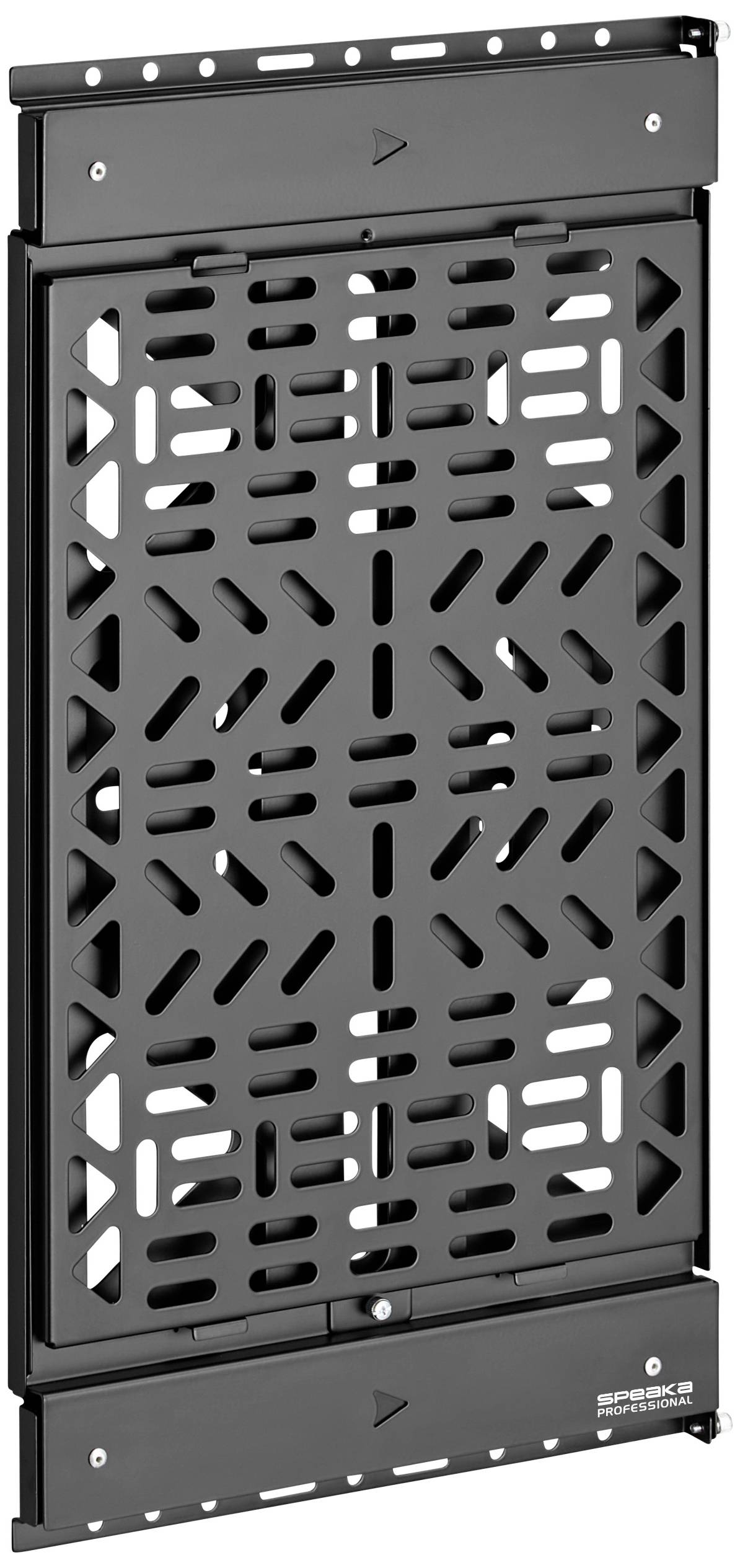 Černá, obdélníková kovová deska s geometrickými výřezy, namontovaná na pantech.