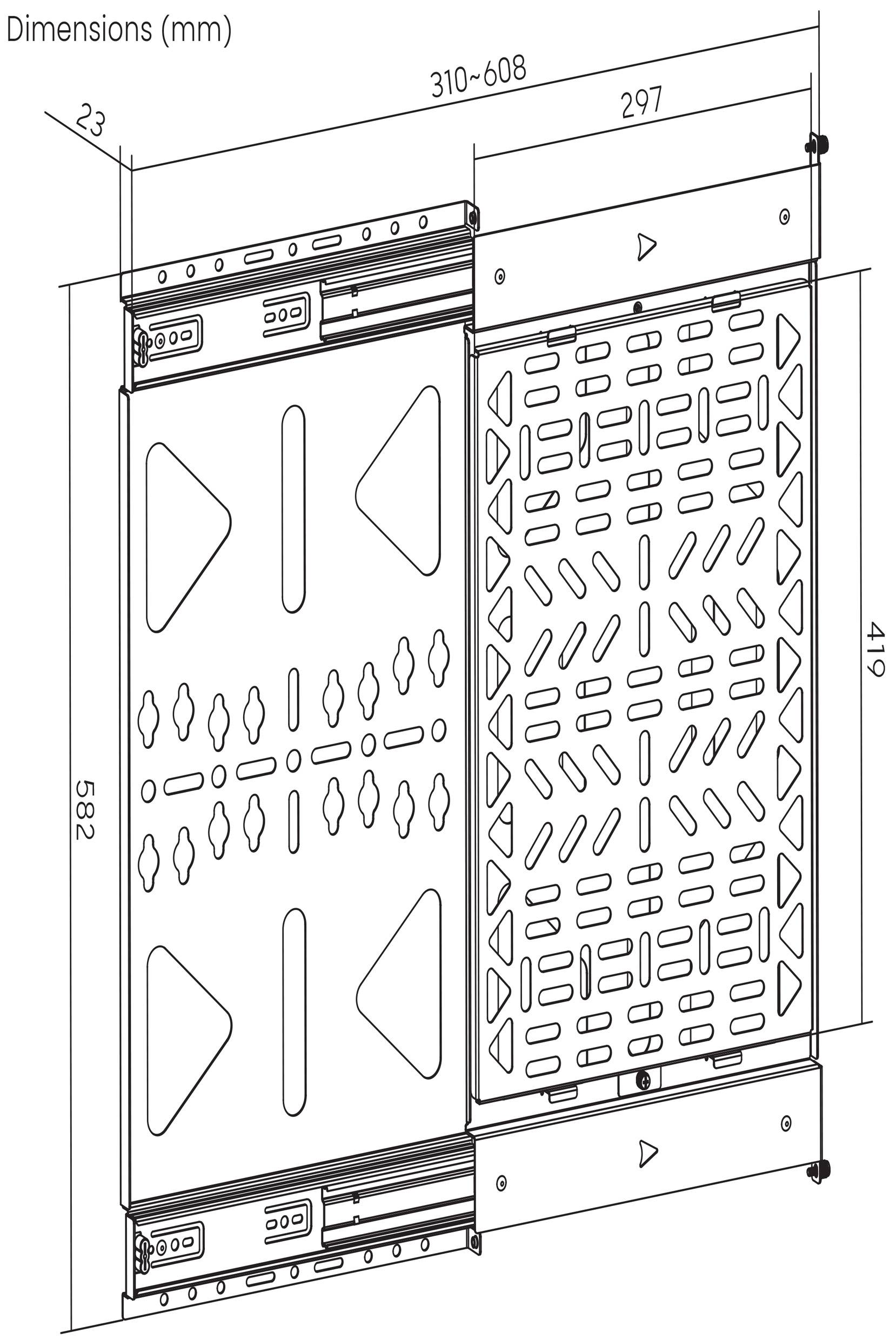 Technický výkres vysouvatelného kolejnicového systému s rozměry. Šířka 310-608 mm, výška 582 mm. Vhodný pro mechanické aplikace.