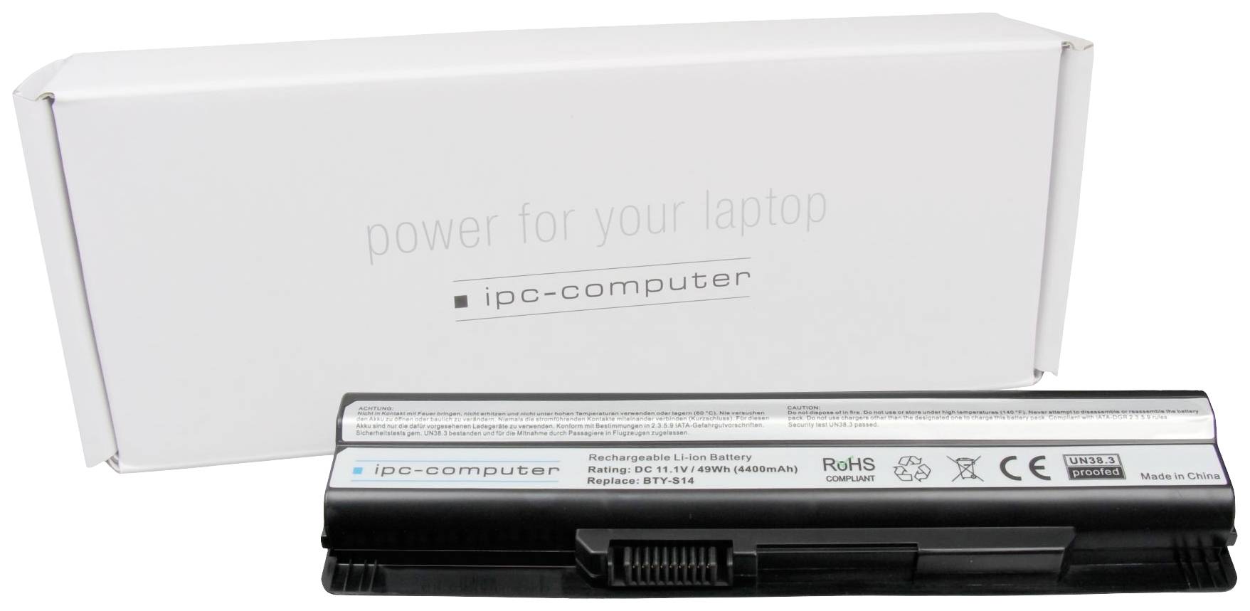 Baterie notebooku leží před bílým obalem s nápisem 'power for your laptop'.
