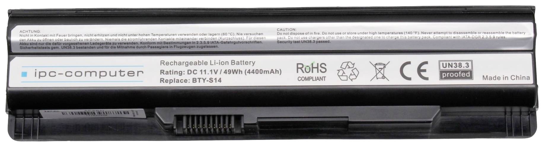 Dobíjecí lithium-iontová baterie s nápisem '11,1V 49Wh (4400mAh)' a dalšími certifikacemi, vyrobená v Číně.