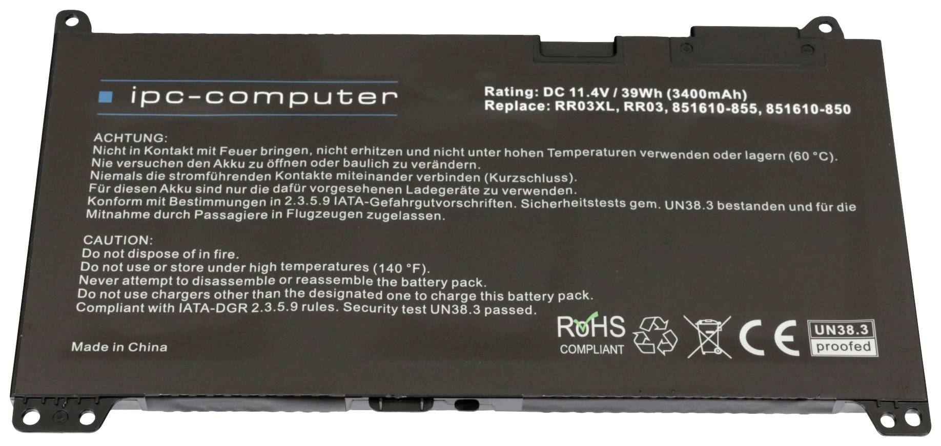 Akumulátor s bezpečnostními upozorněními a technickými specifikacemi, jako jsou 11,4V, 39Wh, 3400mAh. Soulad s RoHS, certifikováno UN. Vyrobeno v Číně.