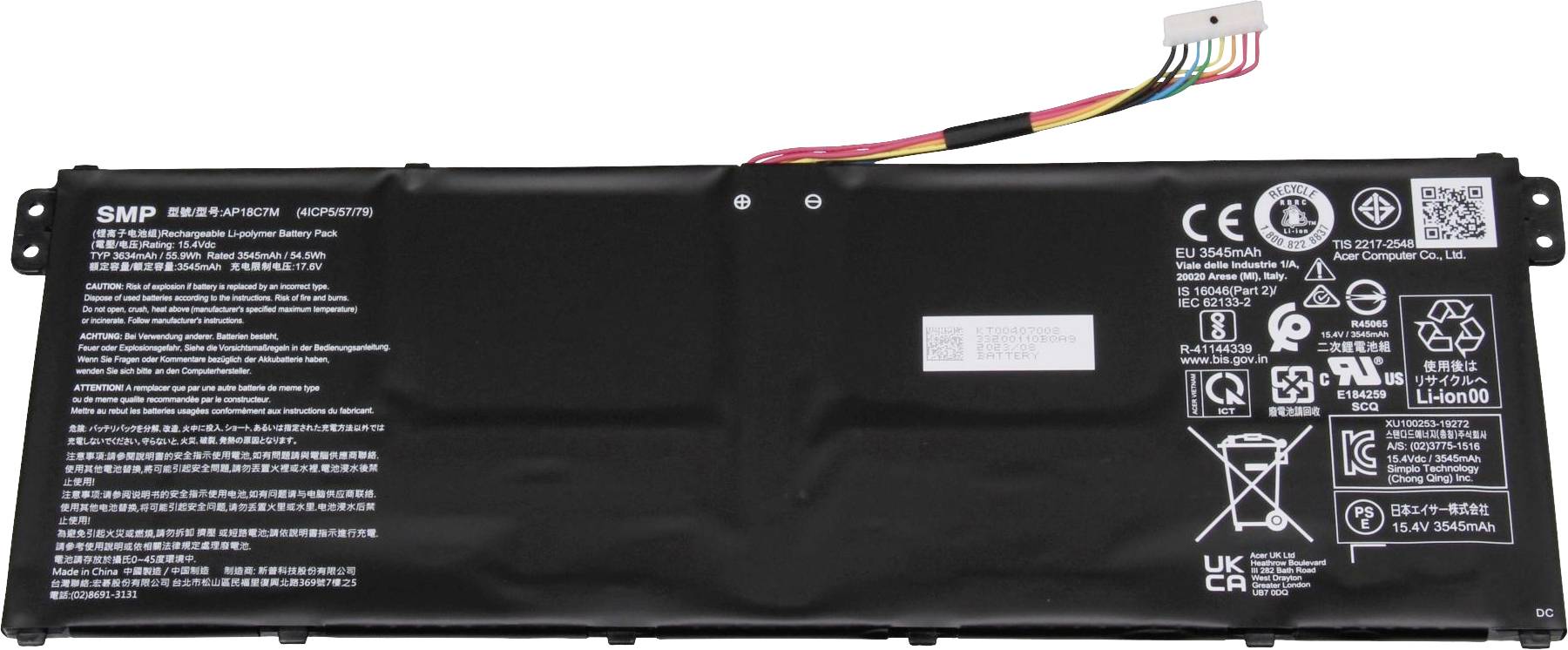 Notebook baterie s různými bezpečnostními a recyklačními symboly, technickými specifikacemi a vícebarevným kabelovým konektorem.