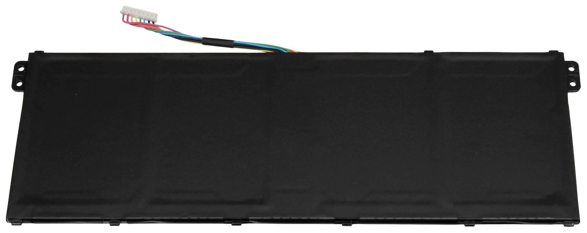Černý obdélníkový bateriový pack pro notebook s malým vícebarevným připojovacím kabelem v levém horním rohu.