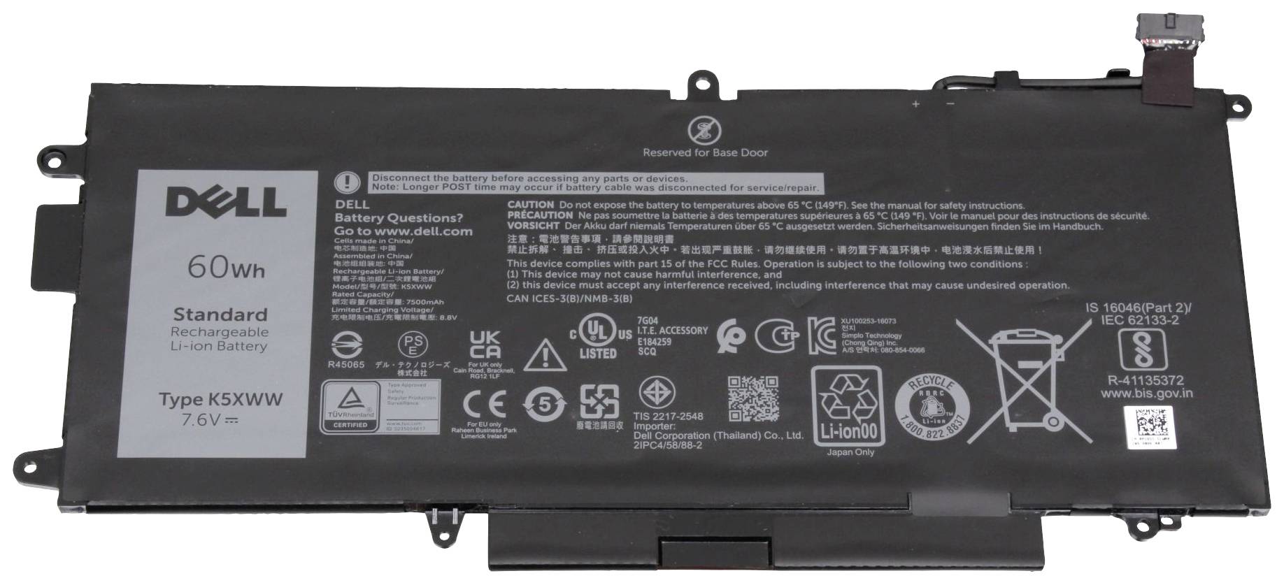 Baterie do notebooku Dell, 60 Wh, dobíjecí, typ K5XWW, 7,6 V, s etiketami, logem značky a technickými a výstražnými informacemi.
