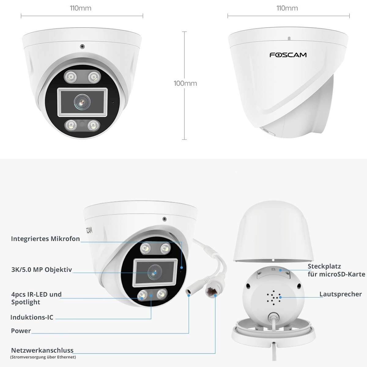 Sledovací kamera s objektivem 3K/5,0 MP, vestavěným mikrofonem, infračervenými LED, reproduktorem a slotem na microSD kartu.