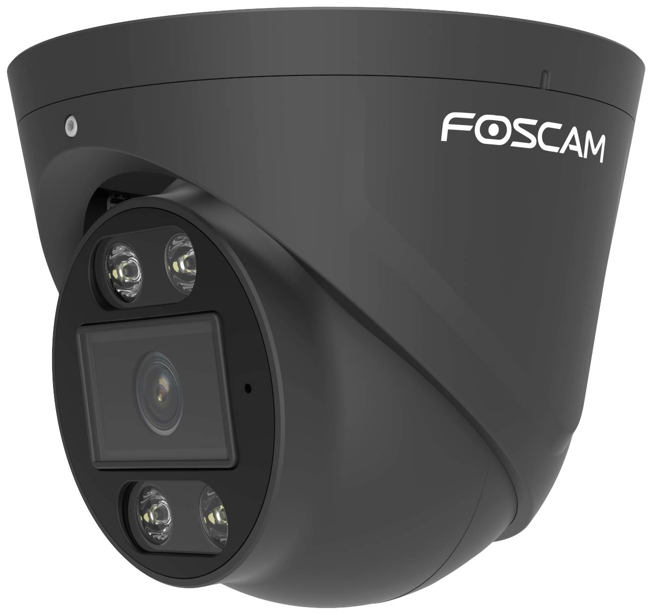 Černá bezpečnostní kamera značky Foscam s viditelnými LED světly a centrálním objektivem.