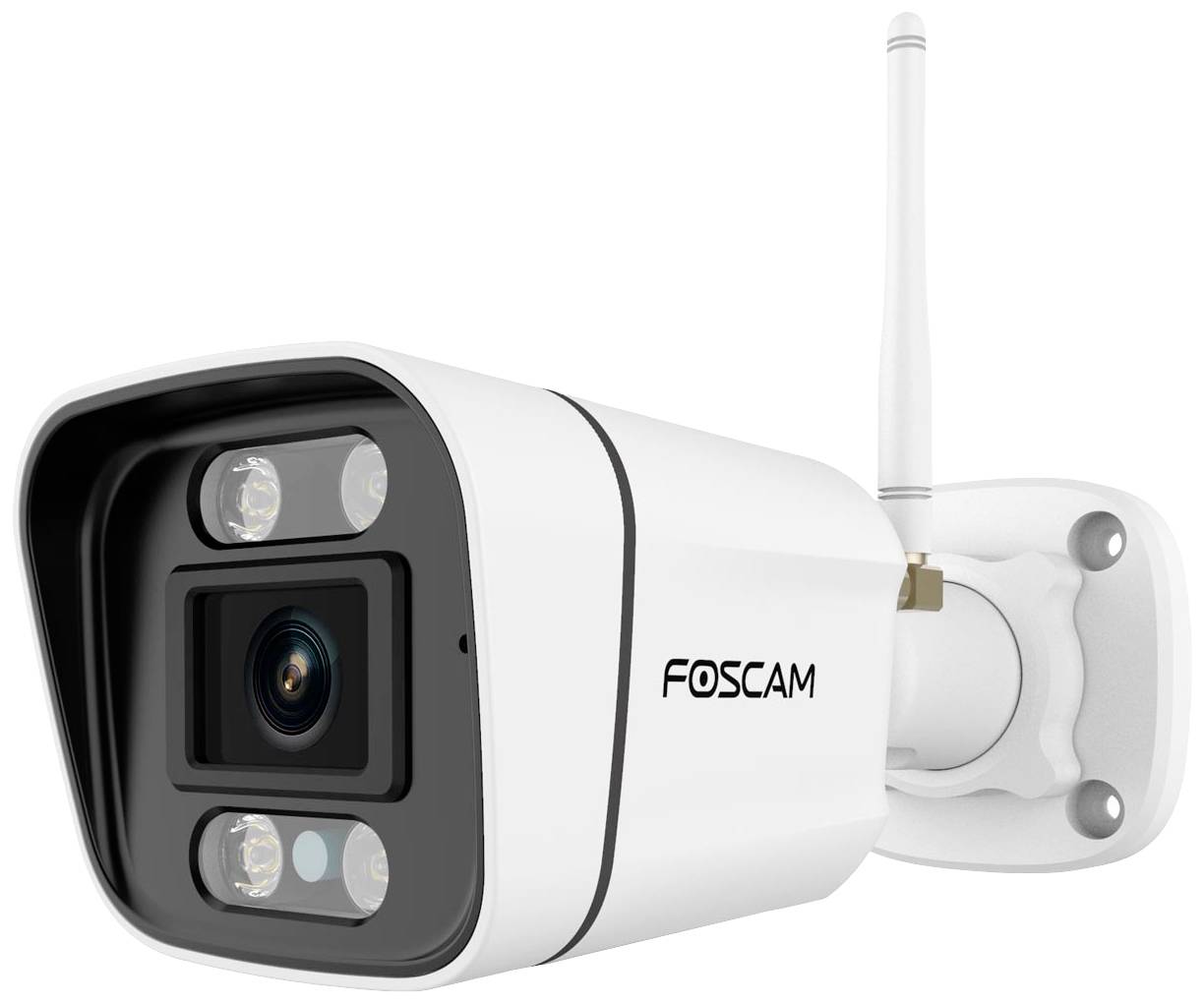 Bílá bezpečnostní kamera s nápisem „Foscam", nastavitelný nástěnný držák a anténa.