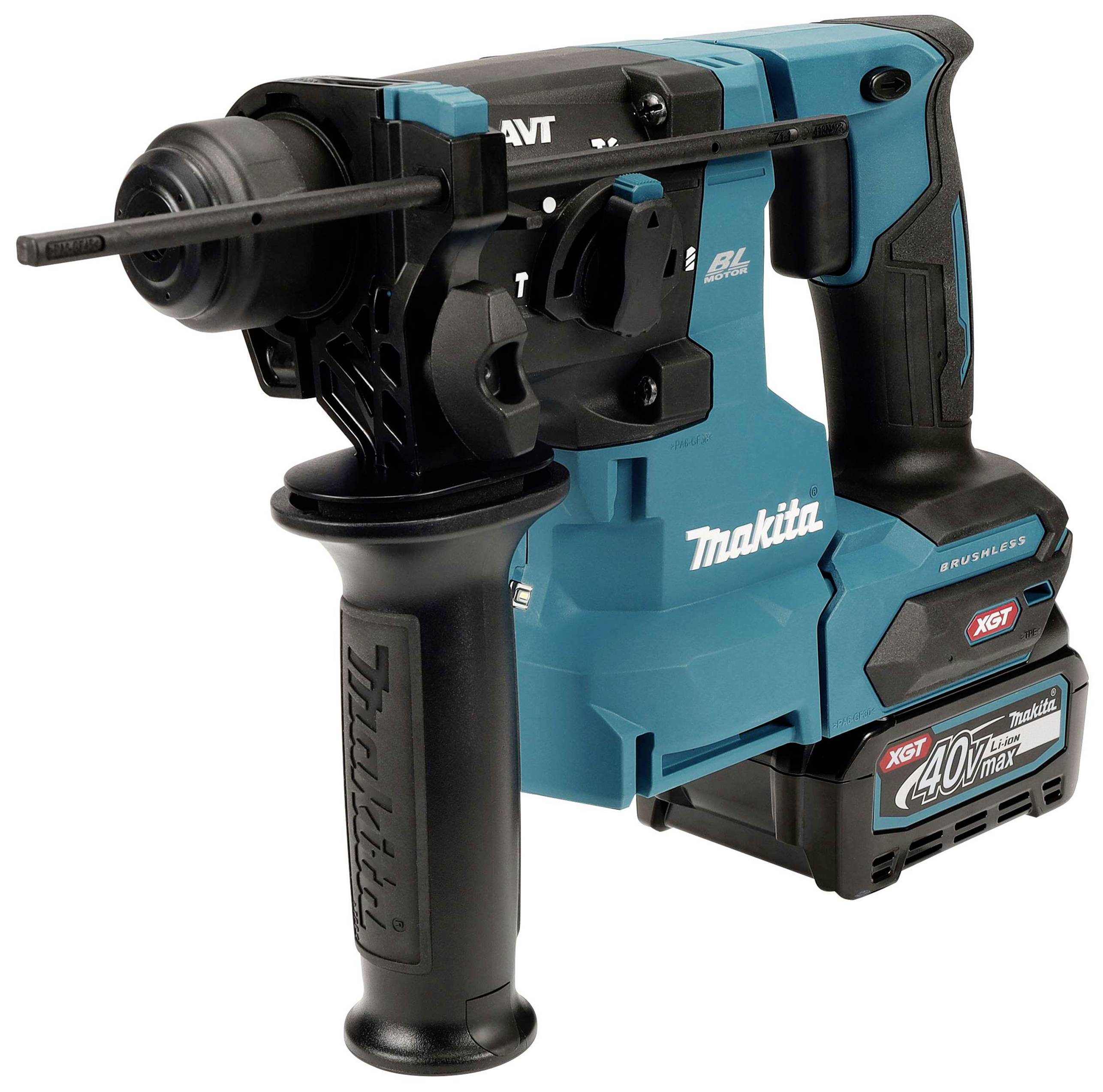 Příklepová aku vrtačka Makita s moderno-černým designem, ergonomickou rukojetí a XGT 40V max akumulátorem, vhodná pro náročné vrtací práce.