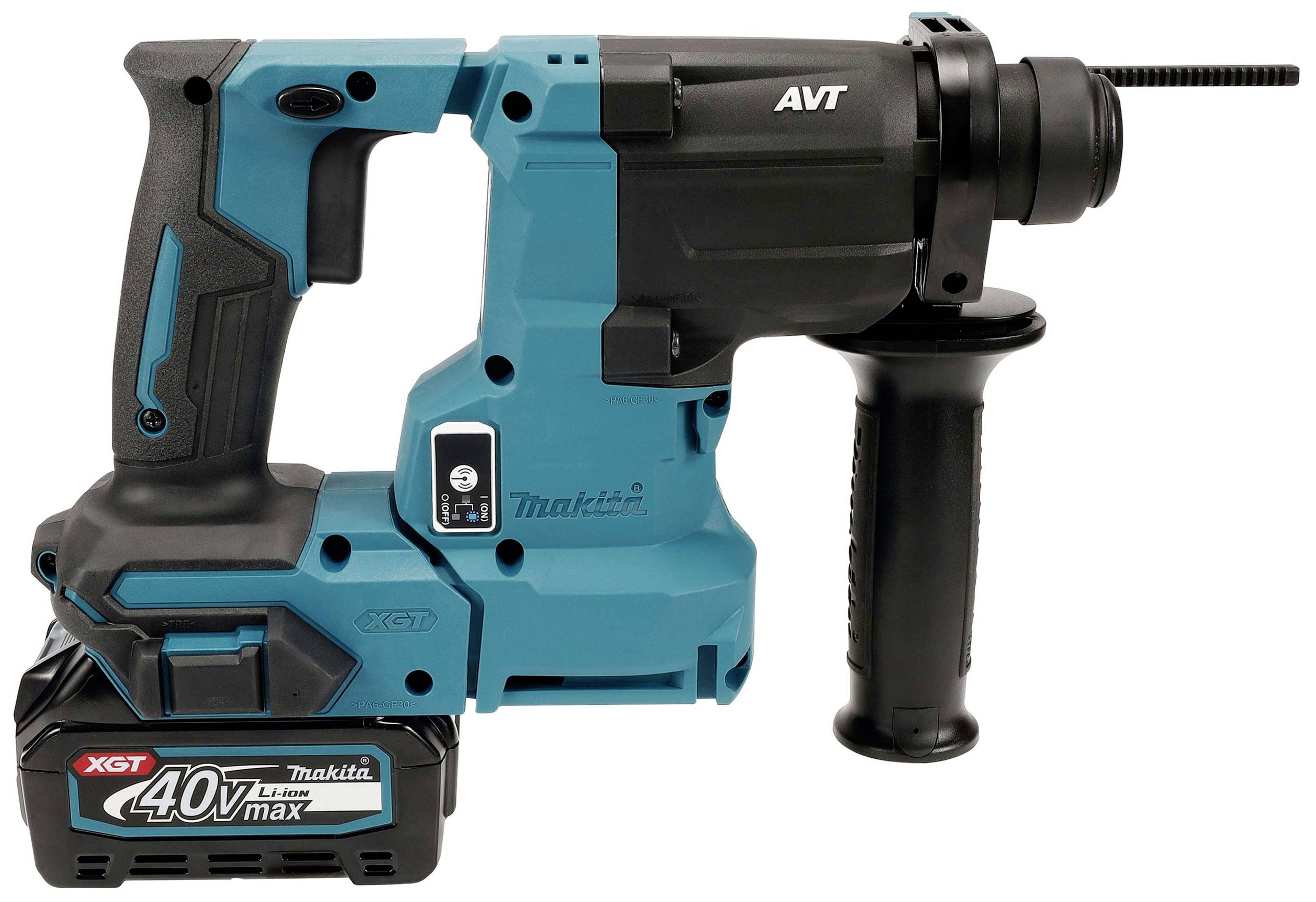 Modrý akumulátorový příklepný vrtací kladiv s 40V, ergonomickou rukojetí a přídavnou rukojetí. Vhodný pro výkonné vrtání a sekání.