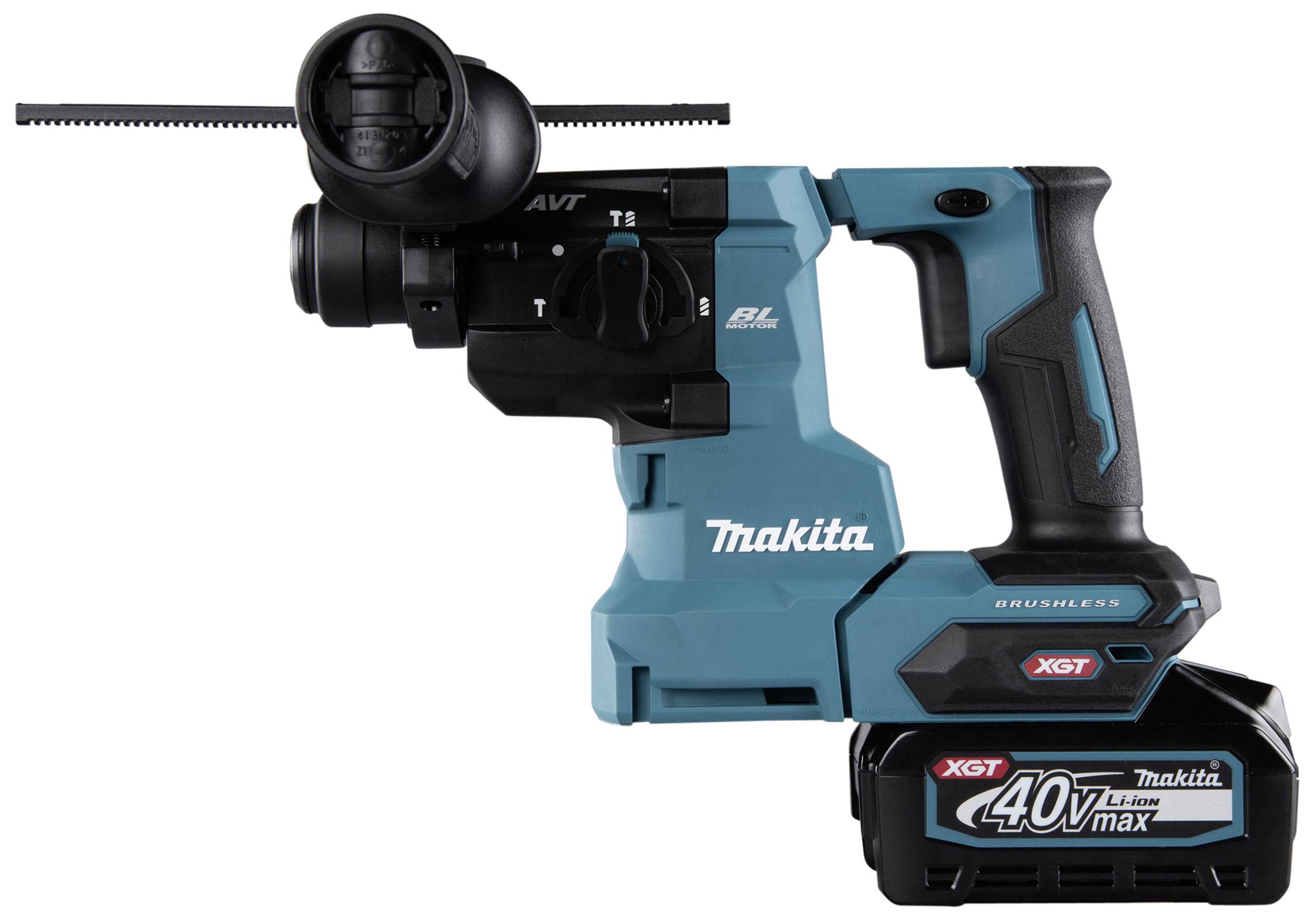 Akumulátorové kladivo Makita s modrým krytem a černou rukojetí. Na akumulátoru je napsáno '40V max'. Vhodné pro stavební práce.
