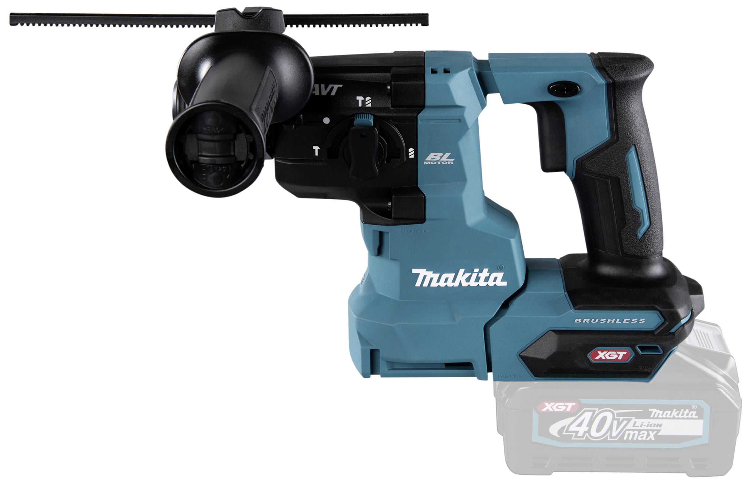Bezdrátové kladivo Makita v modré barvě s 40V akumulátorem, vhodné pro silné vrtání.