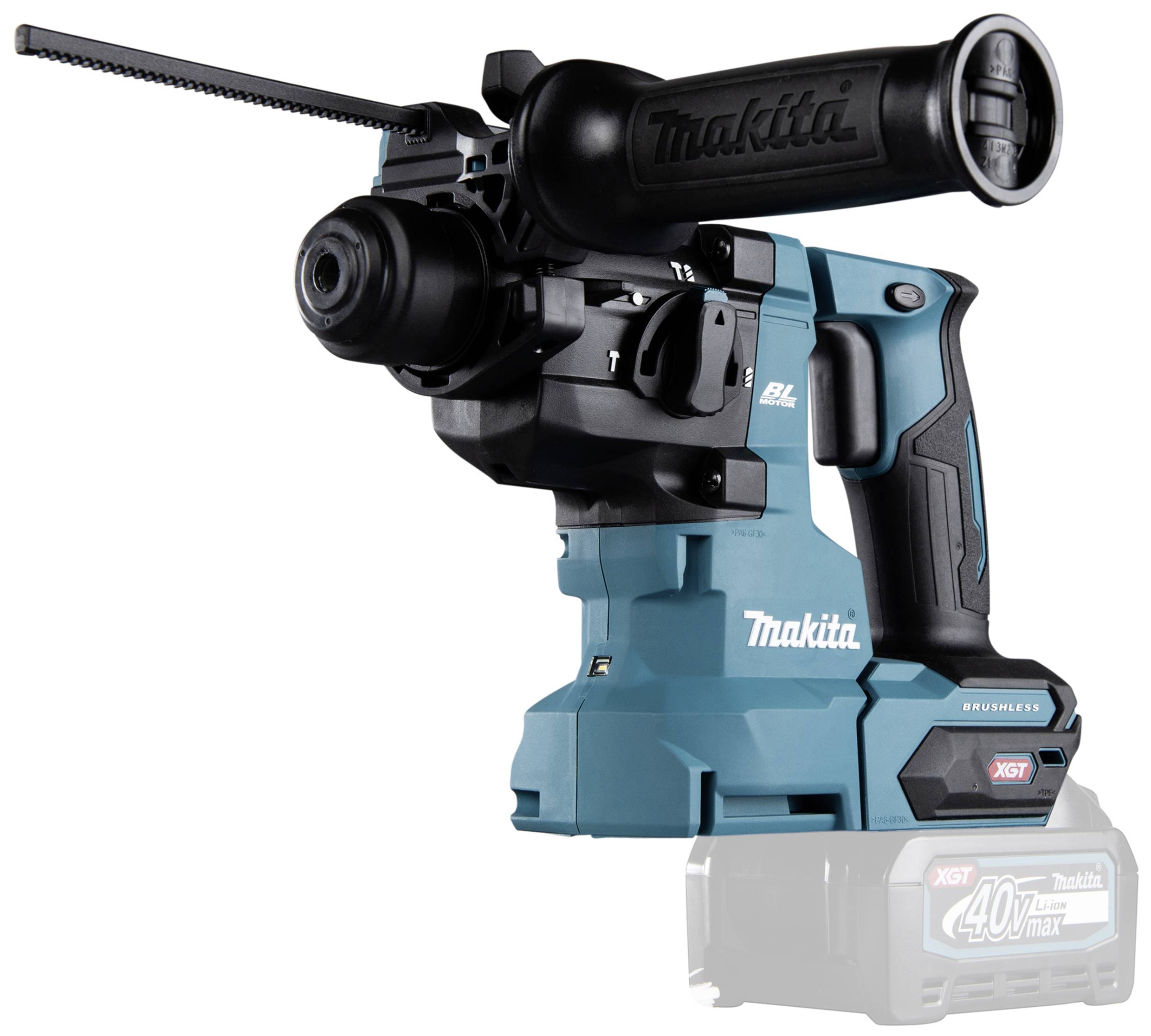 Bezdrátové kladivo Makita v modré a černé barvě s ergonomickou rukojetí, vhodné pro vrtání a sekání do tvrdých materiálů.