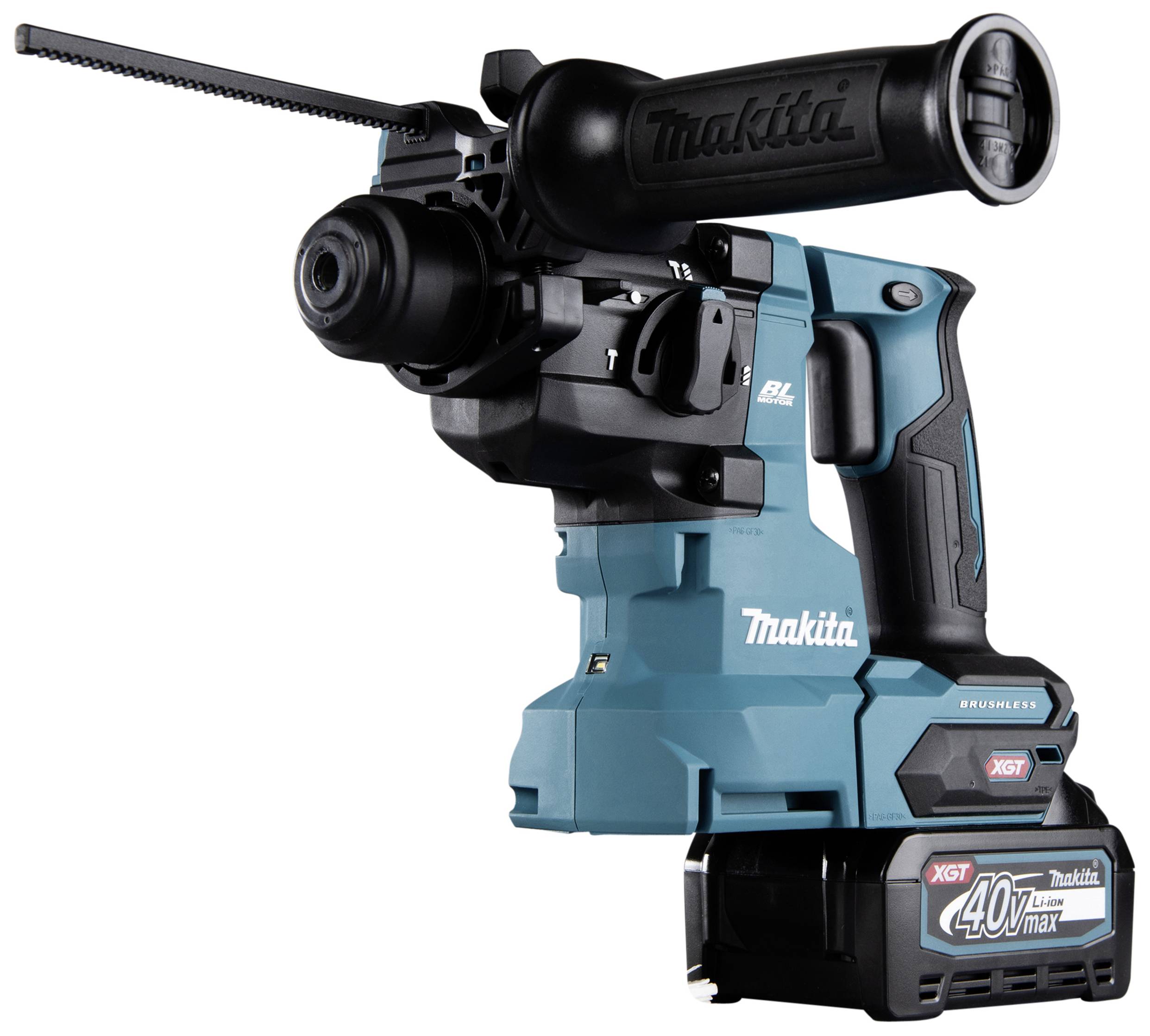 Aku-vrtací kladivo Makita XGT 40V max, bezdrátový nástroj, modro-černý, s ergonomickou rukojetí a výměnnou baterií, určený pro náročné vrtací práce.