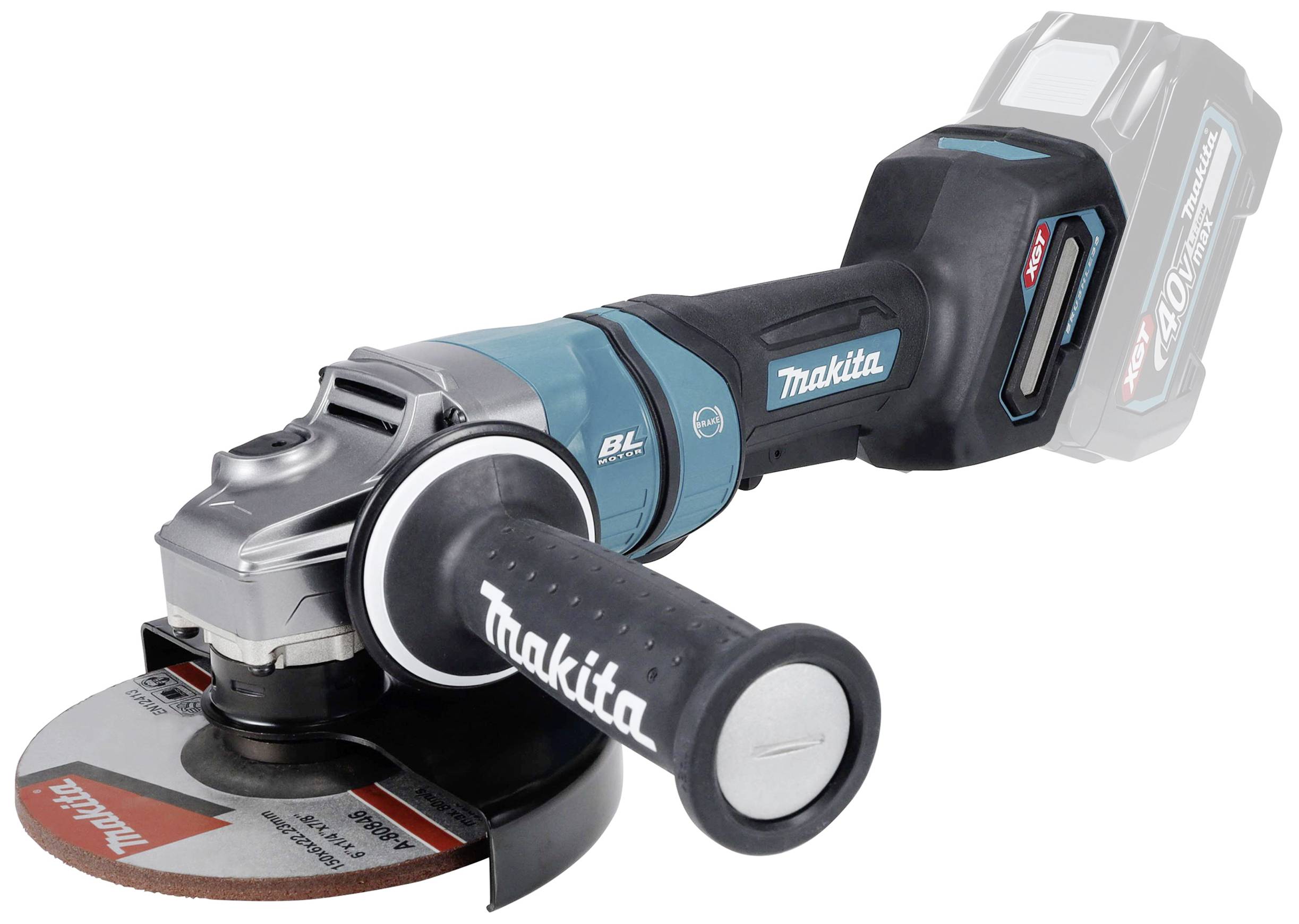 Aku úhlová bruska Makita s brusným kotoučem, modro-černá, s ergonomickou rukojetí a nápadným logem značky na těle přístroje.