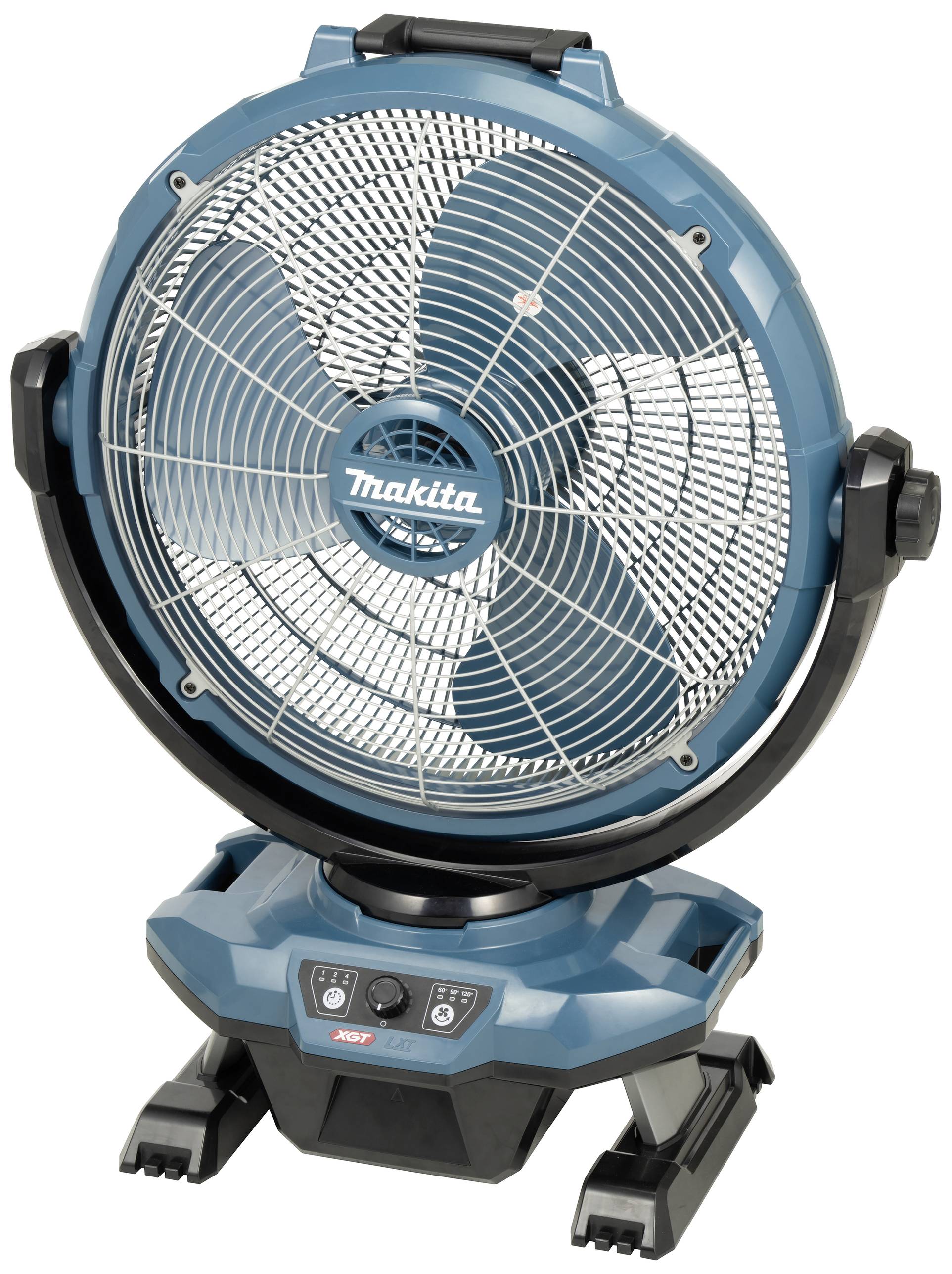 Modrý stojanový ventilátor s černou základnou a ovládacím panelem. Logo 'Makita' je umístěno uprostřed ventilátoru.