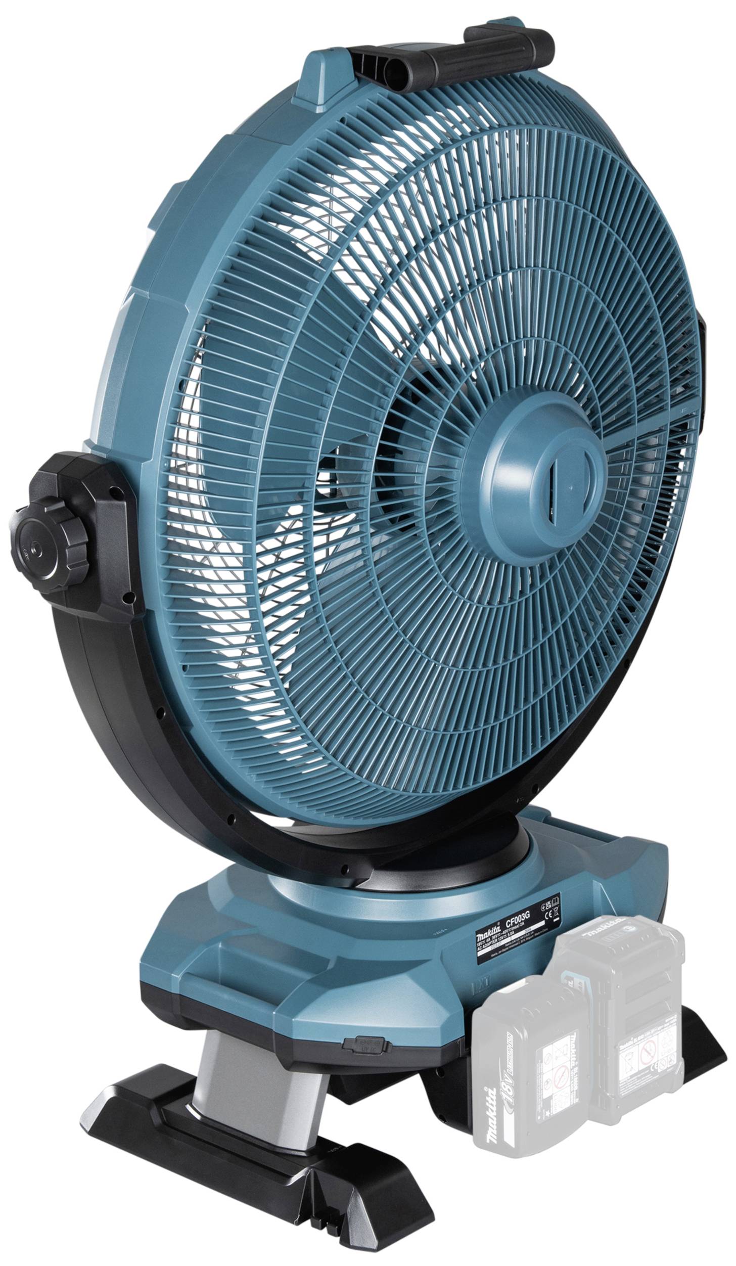 Modrý stojanový ventilátor s ochranným krytem a dvěma bateriemi v základně, vhodný pro přenosné použití.