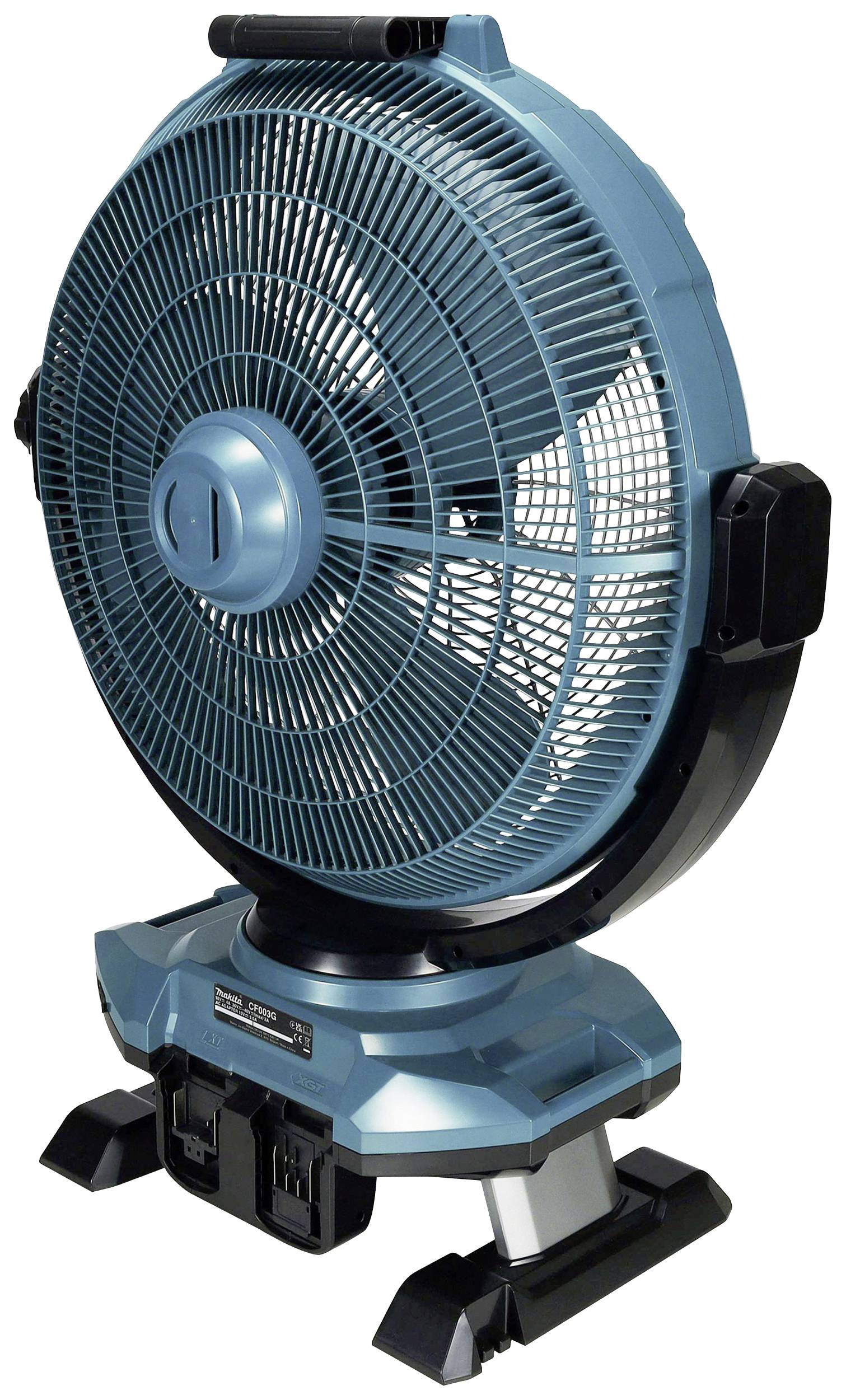 Přenosný modrý ventilátor s ochrannou mřížkou a černou podstavou. Vhodný pro flexibilní možnosti chlazení v interiéru.