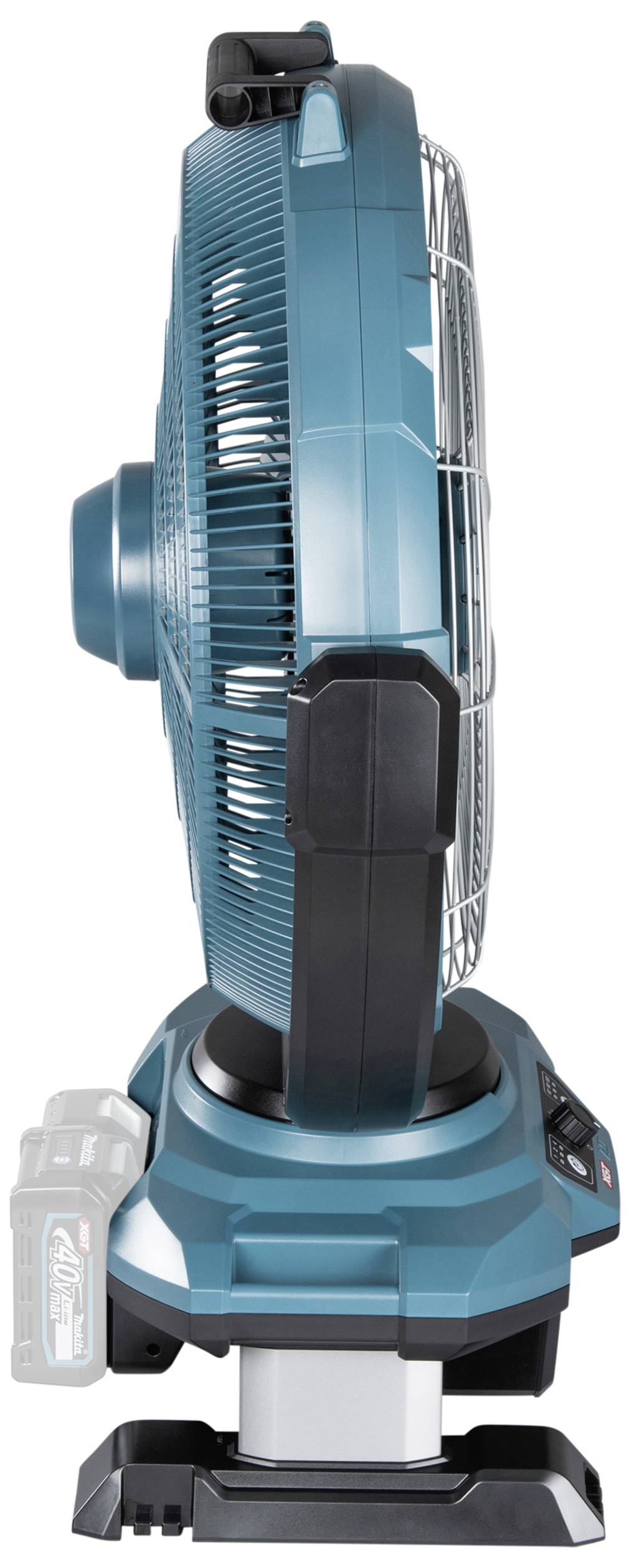Ventilátor z profilu: Modrý, přenosný model s prostorem pro baterii. Vhodný pro použití v různých prostředích.