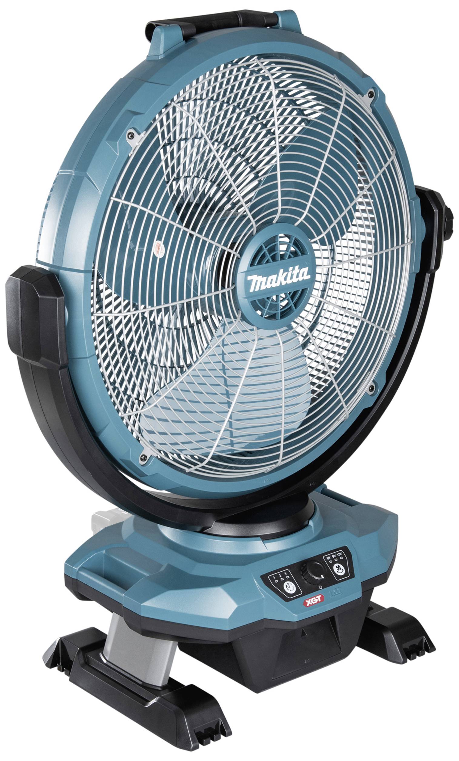 Modrý přenosný ventilátor s velkou, kulatou mřížkou chránící vrtule. Dole jsou umístěny ovládací tlačítka.