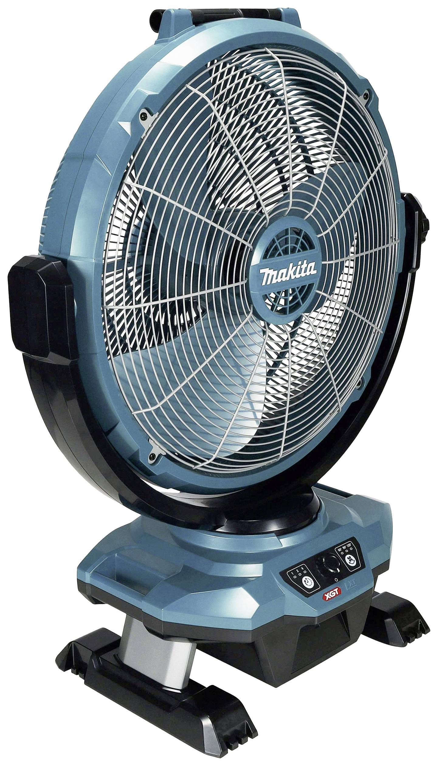 Modrý, přenosný ventilátor značky Makita umístěný na stabilním stojanu, vhodný do dílen.