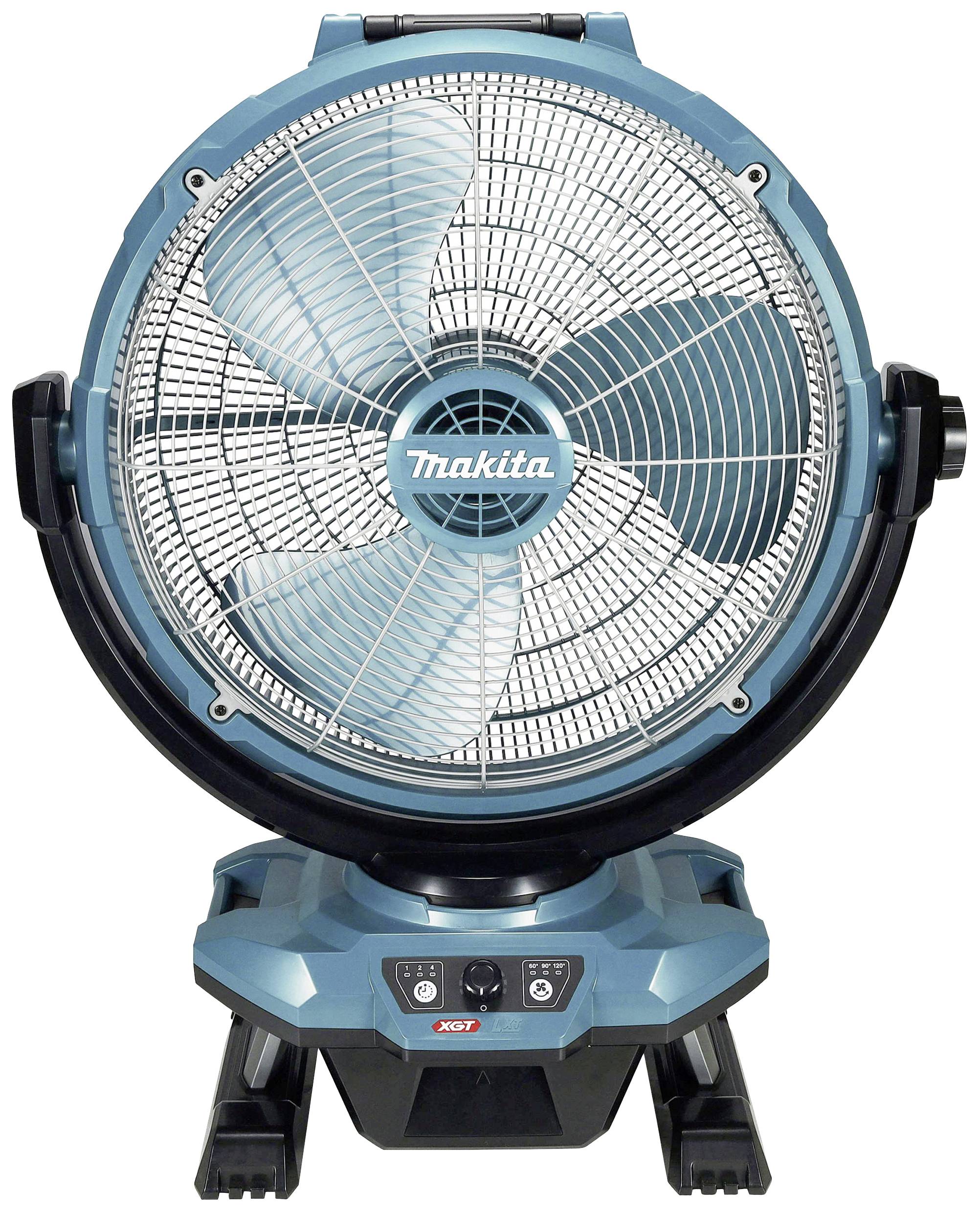 Modrý stojanový ventilátor značky Makita se třemi velkými rotačními listy, černou základnou a ovládacími prvky umístěnými na spodní části.