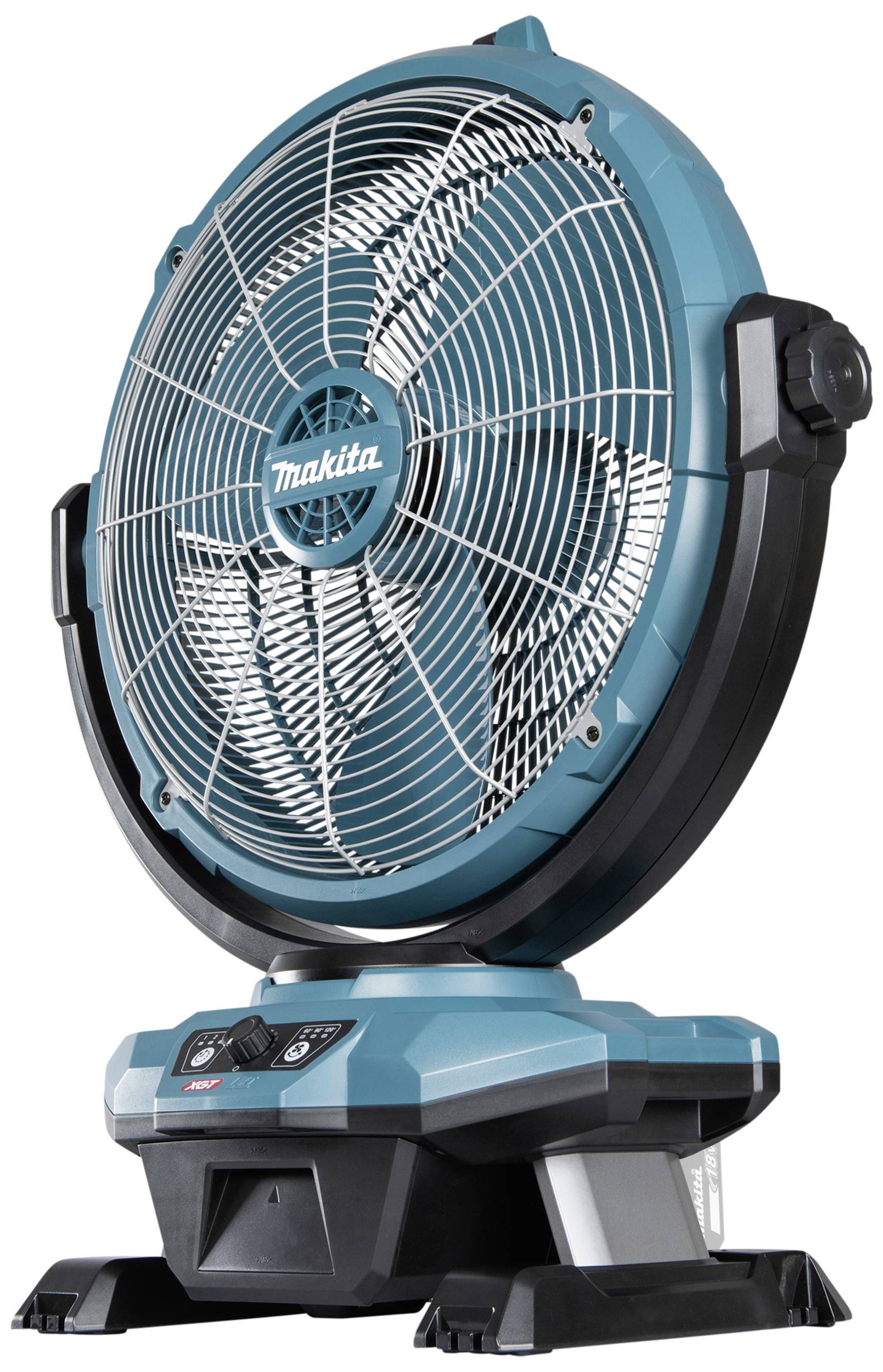 Přenosný modrý ventilátor s ochrannou mřížkou, s logem značky uprostřed a ovládacím panelem na základně. Ideální pro pracovní prostory.