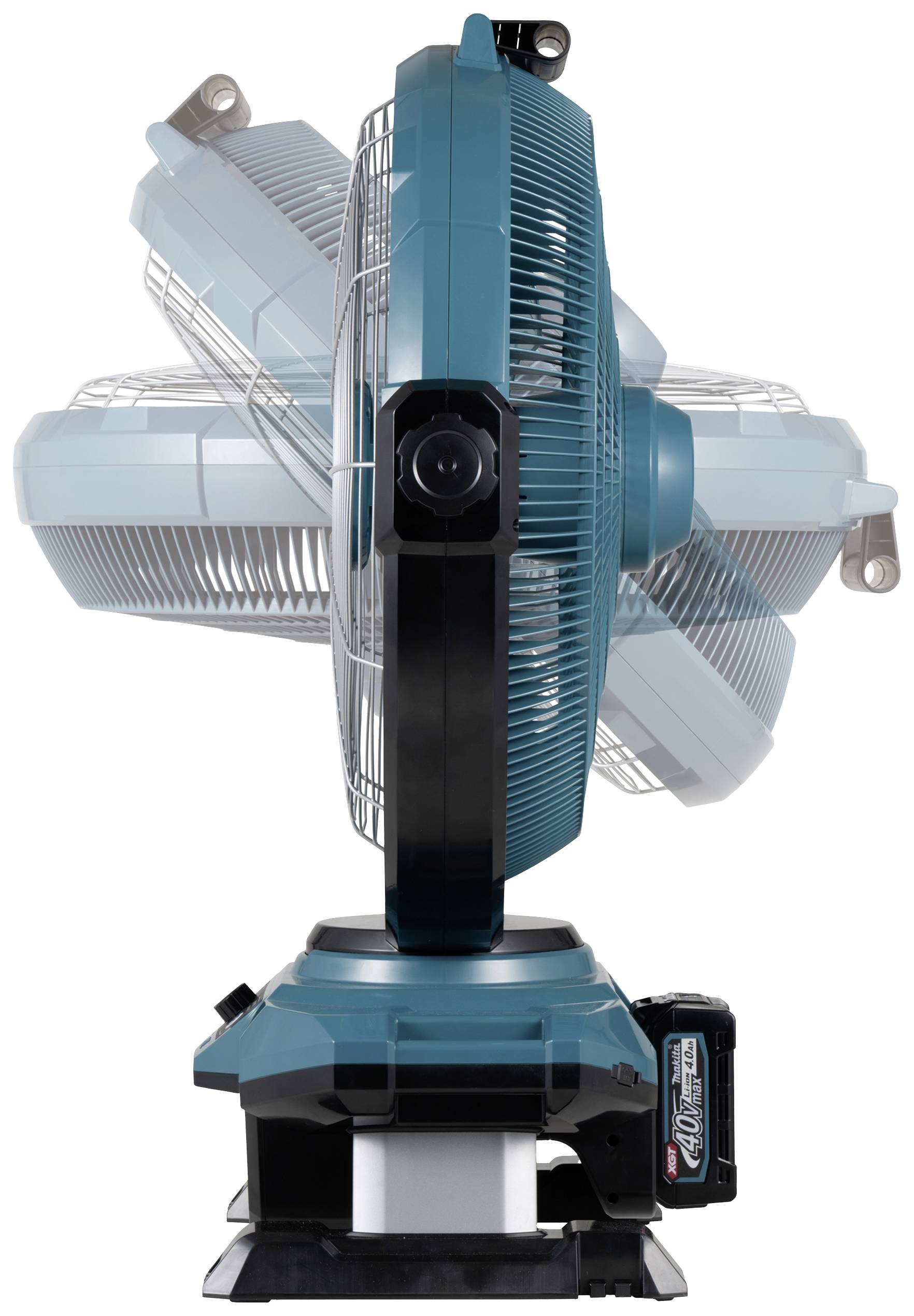 Modrý stolní ventilátor z profilu s černou základnou. Napájený baterií, vhodný pro snadné umístění a přemisťování.