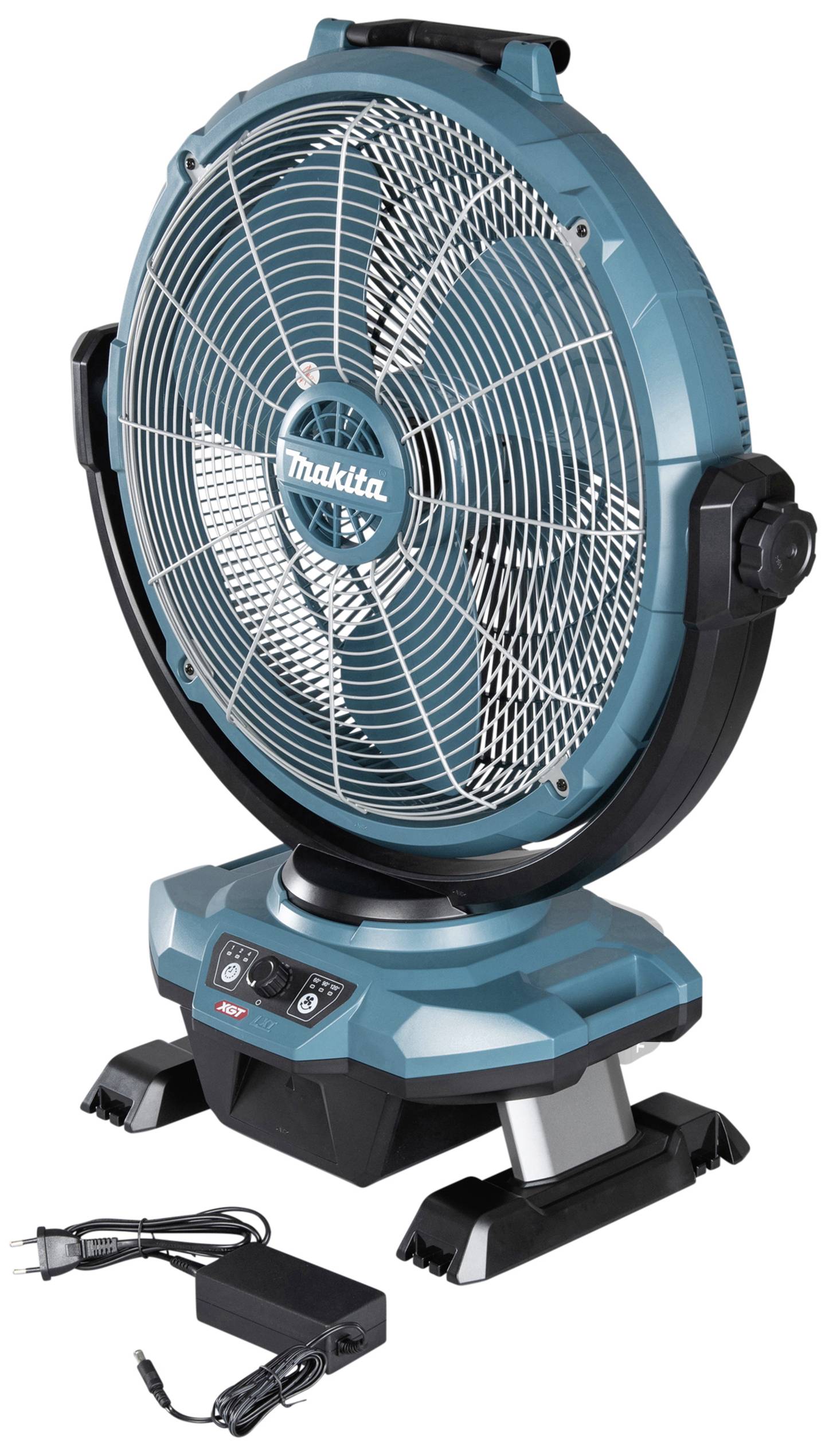 Přenosný modrý ventilátor značky Makita s kabelem a napájecím adaptérem, vhodný do stavebních prostor nebo dílen.