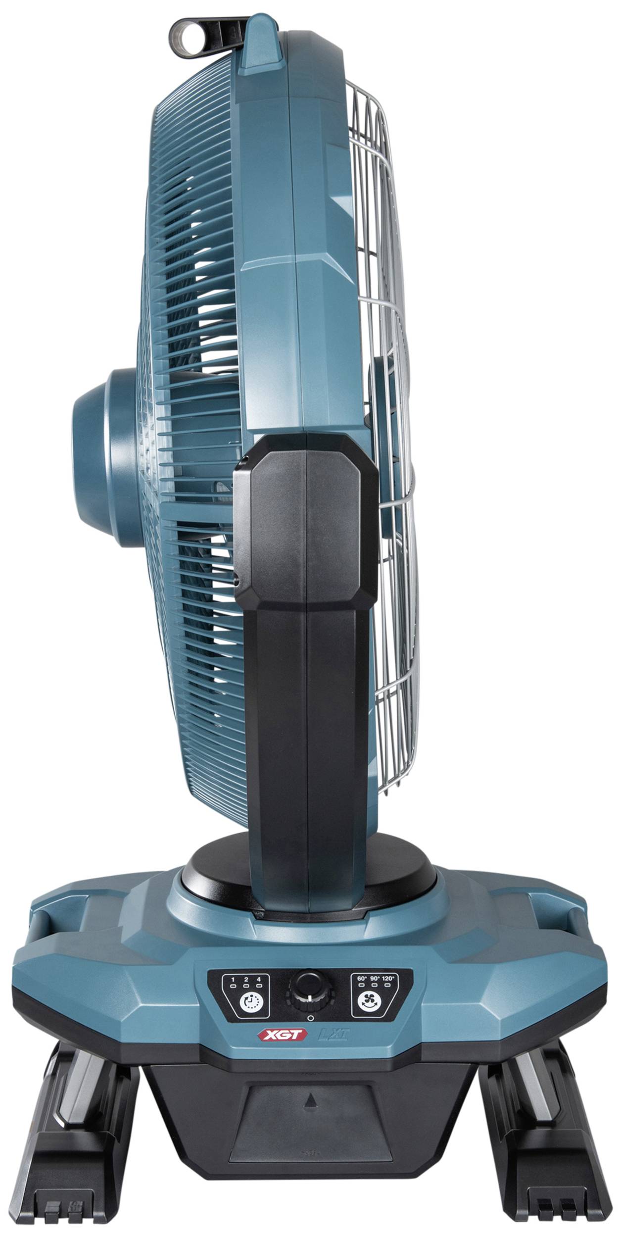 Boční pohled na modrý mobilní ventilátor s pevnou základnou na kolečkách, vhodný pro řemeslnické použití.