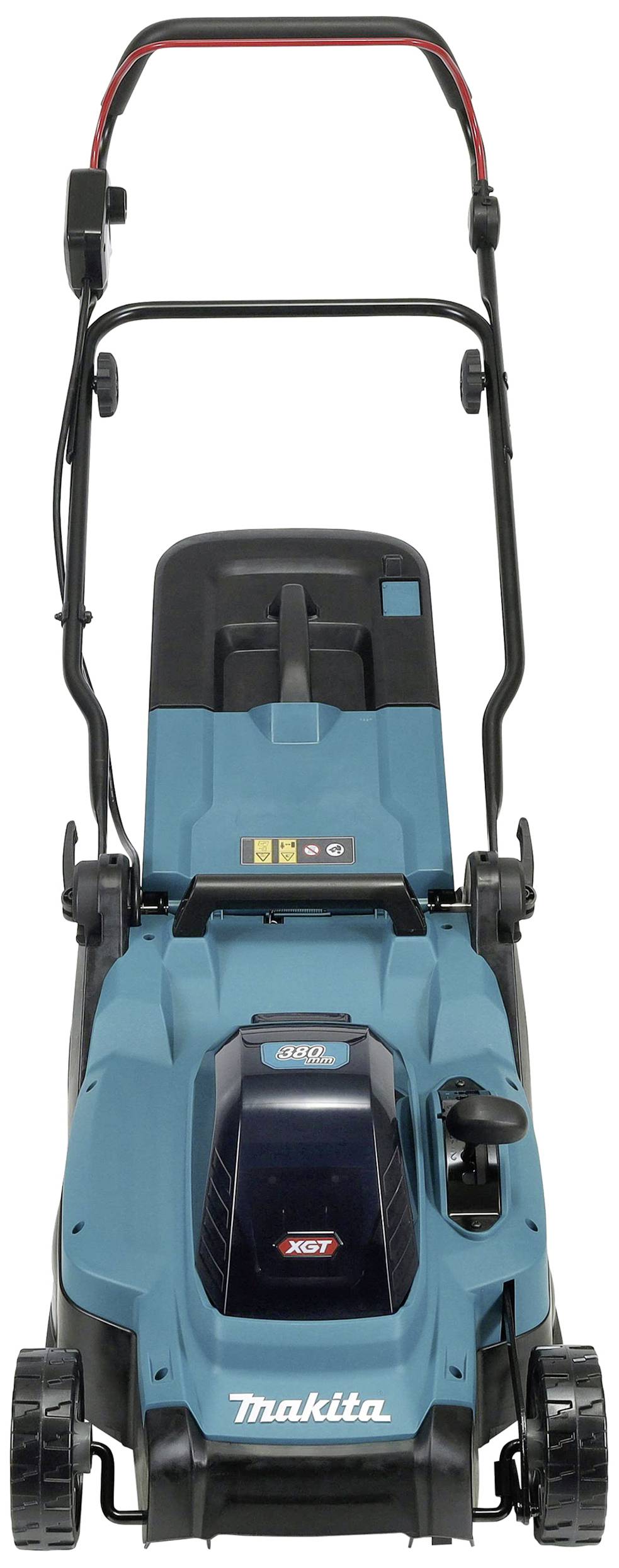 Modrá a černá sekačka od Makity, pohled zepředu. Elektrická sekačka s madlem a koly pro snadnou ovladatelnost.