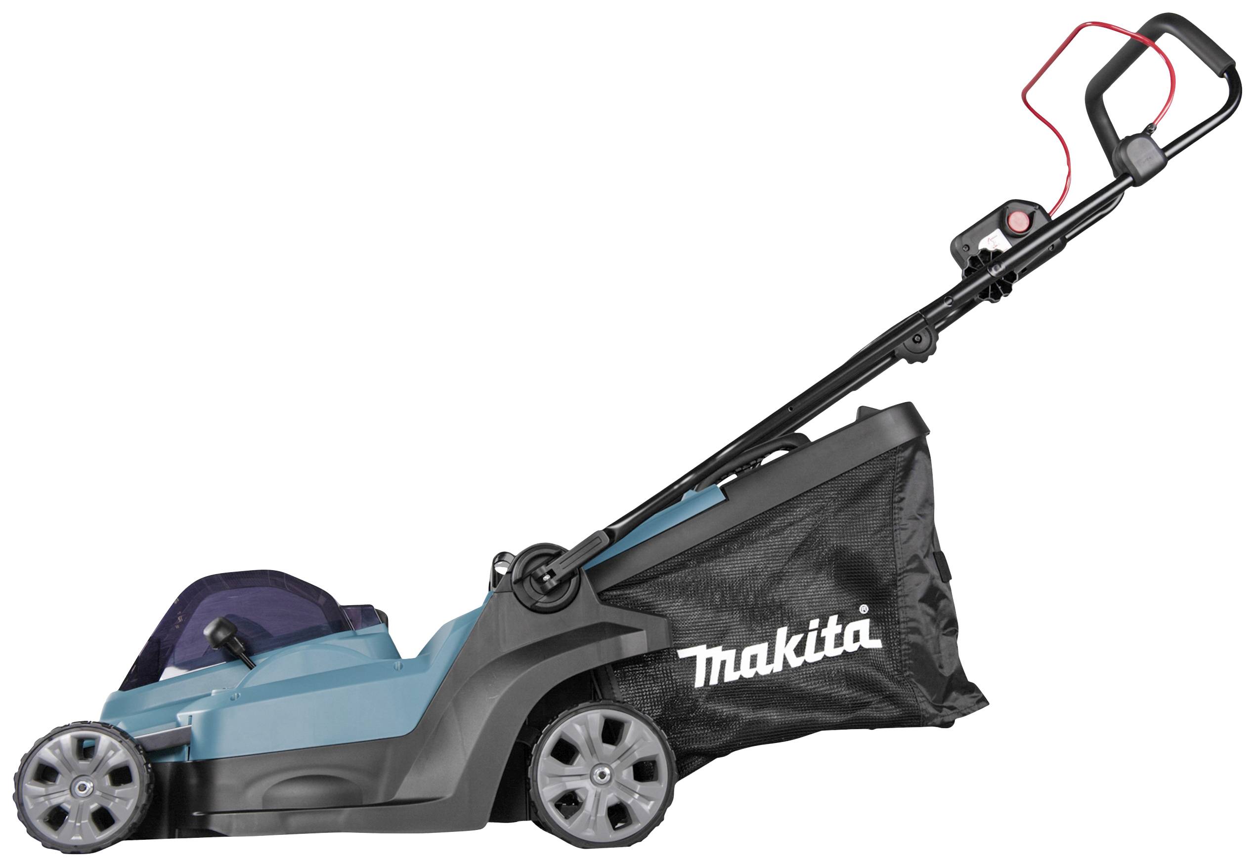 Elektrická sekačka značky Makita s modro-černým designem a sběrným košem; boční pohled.
