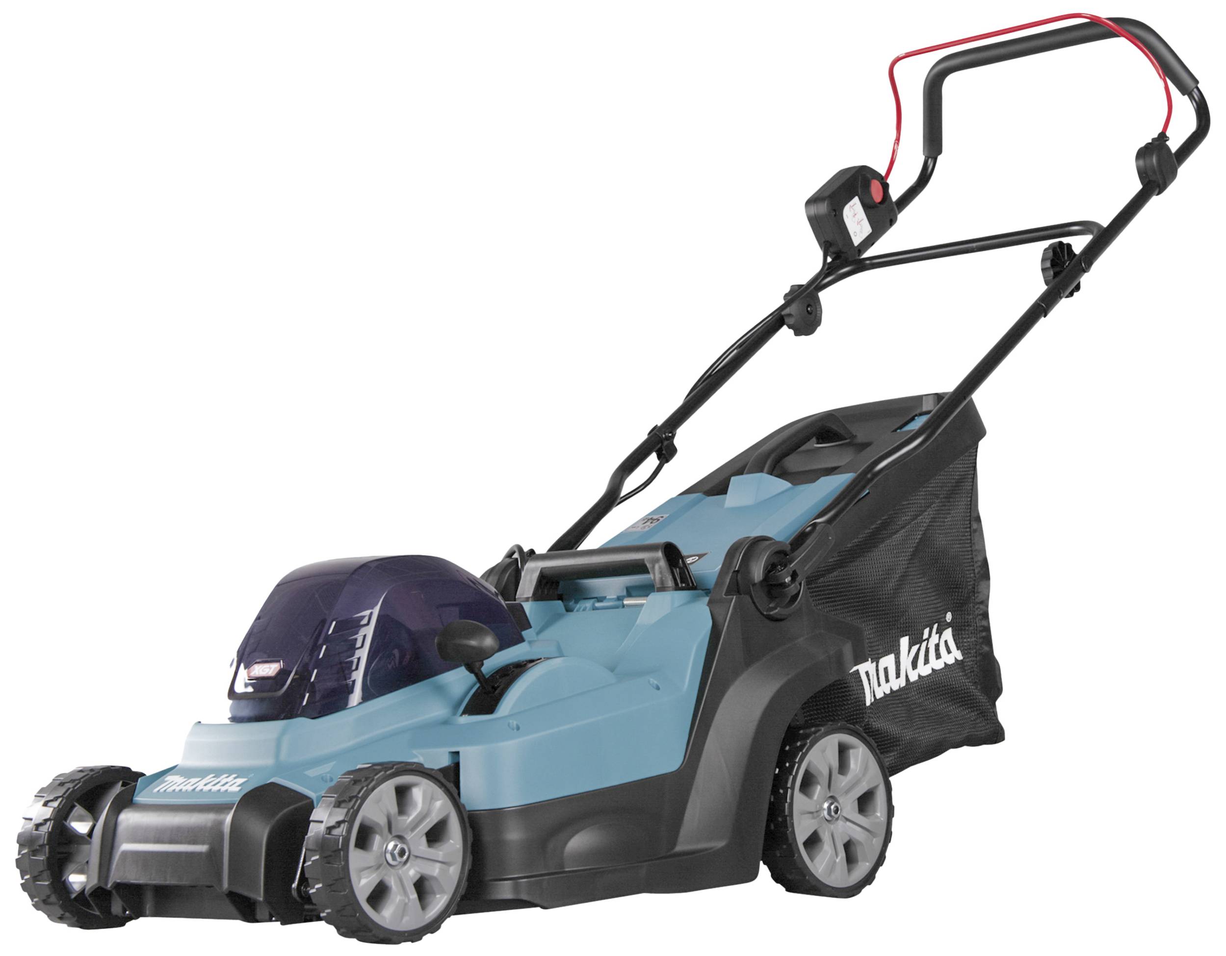 Elektrická sekačka s modrým tělem, červenou rukojetí a černým sběrným košem.