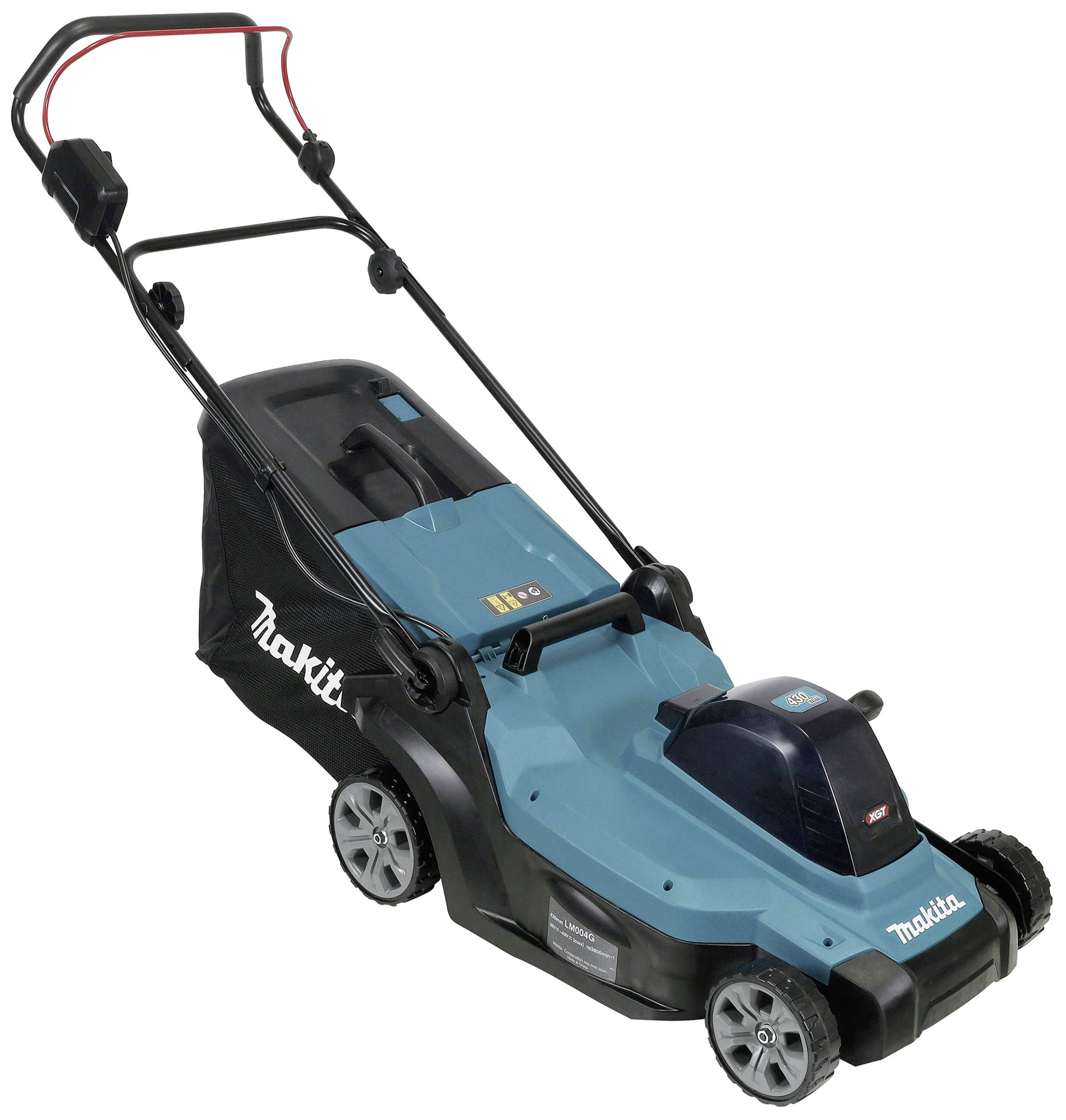 Modrá a černá sekačka s elektrickým startérem a sběrným košem.
