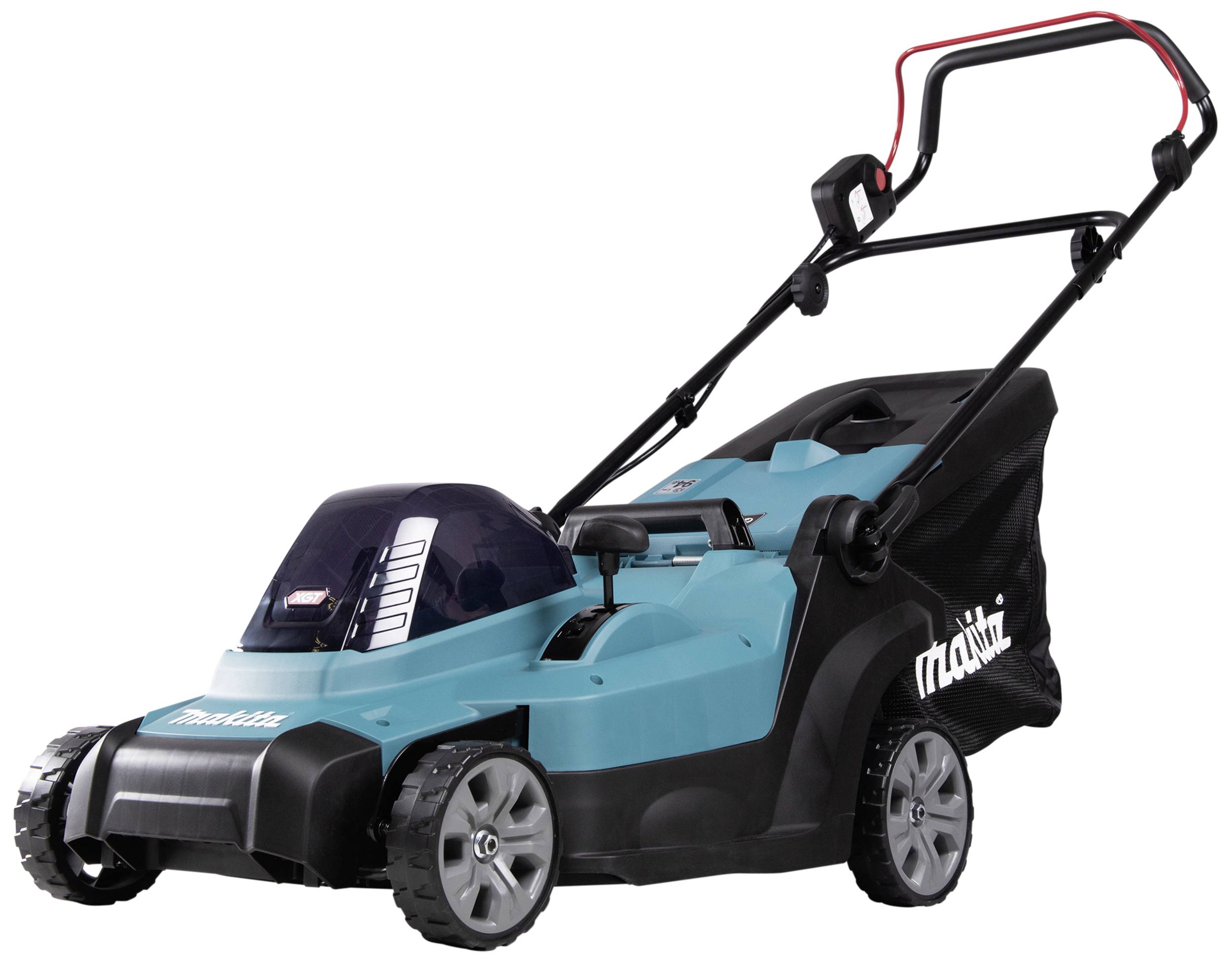 Modrý elektrický sekací stroj s černou rukojetí a sběrným košem. Čtyři robustní kola umožňují snadný pohyb po trávníku.