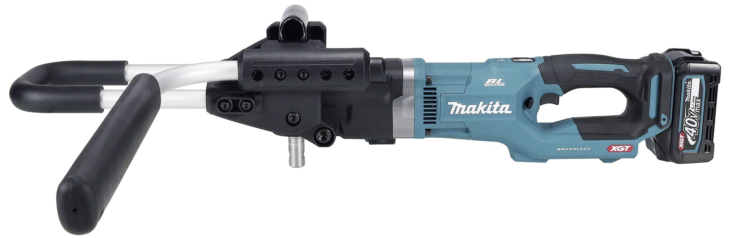 Modrý elektrický šroubovák Makita s bočním úchytem, vybavený 40V baterií.