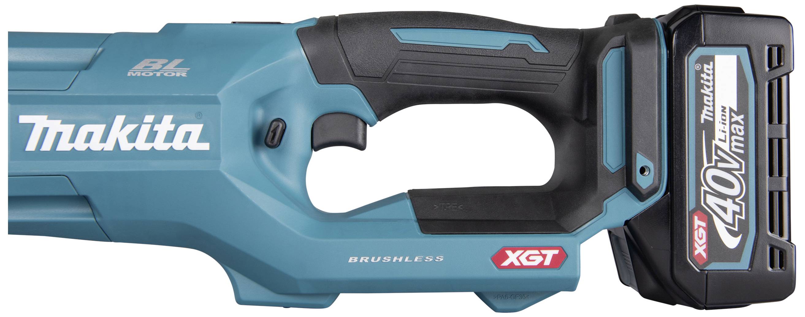 Detailní záběr aku šroubováku Makita XGT 40V s ergonomickou rukojetí a baterií.