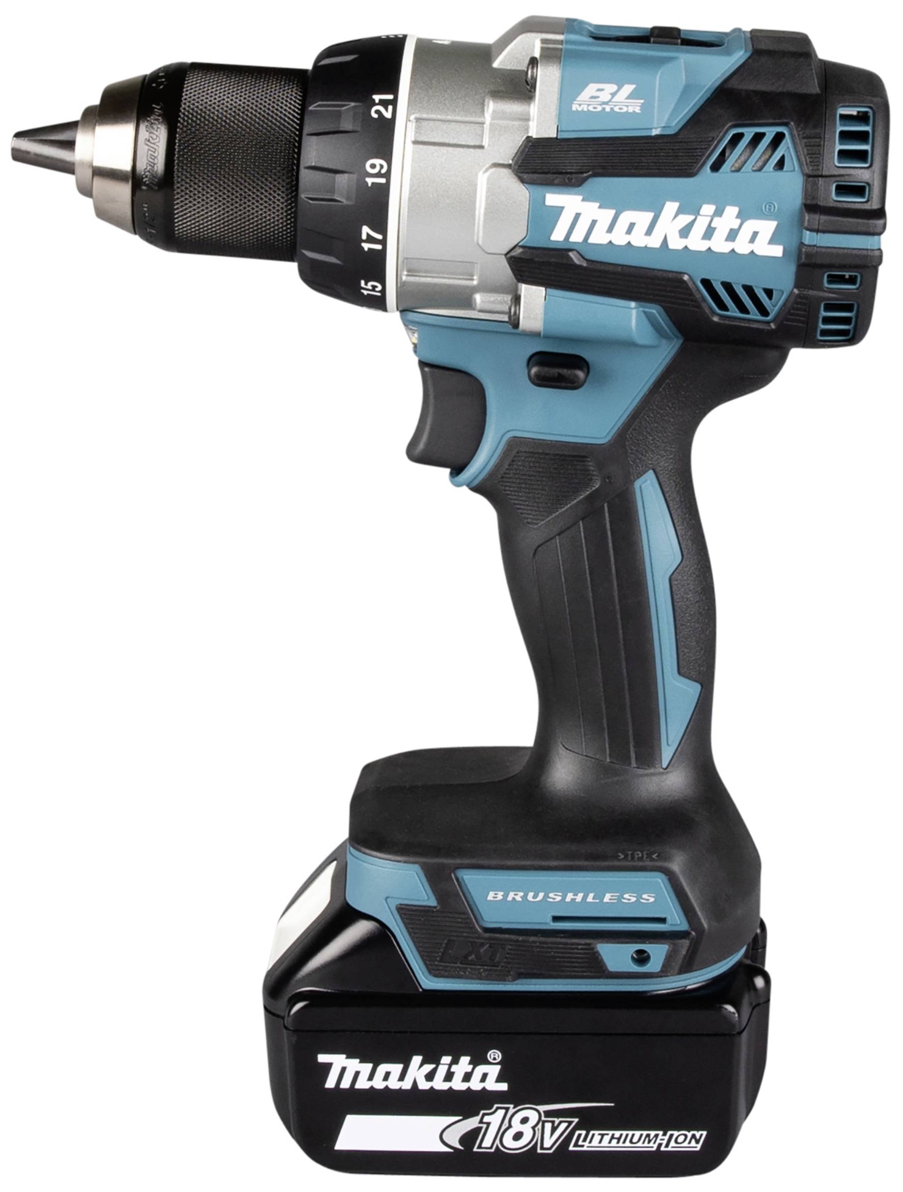 Aku šroubovák Makita s 18V lithium-iontovou baterií, modro-černý, bez kabelu.